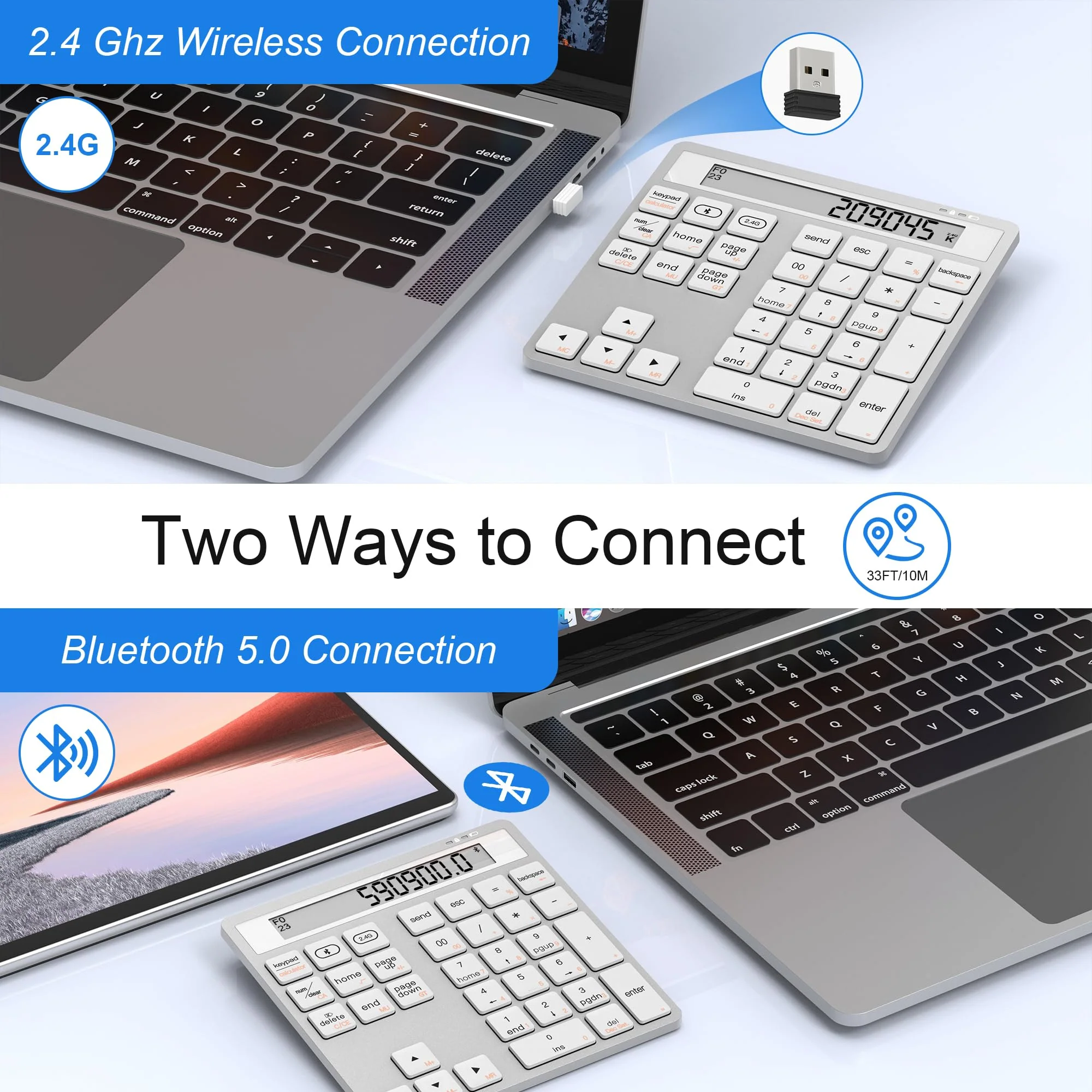 Bluetooth Number Pad - 2.4G Wireless Numeric Keypad with Display Calculator - Wireless Number Pad Slim 34-Key Portable Financial Accounting Numpad Data Entry &Calculation 2in1 for Laptop Desktop White Bluetooth/2.4G Wireless Number Pad(White) - Image 4