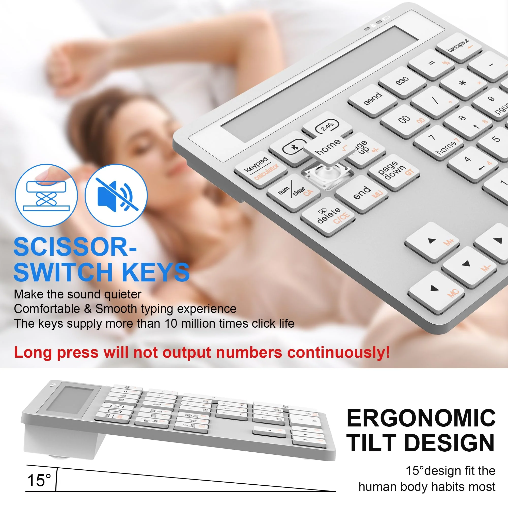 Bluetooth Number Pad - 2.4G Wireless Numeric Keypad with Display Calculator - Wireless Number Pad Slim 34-Key Portable Financial Accounting Numpad Data Entry &Calculation 2in1 for Laptop Desktop White Bluetooth/2.4G Wireless Number Pad(White) - Image 5