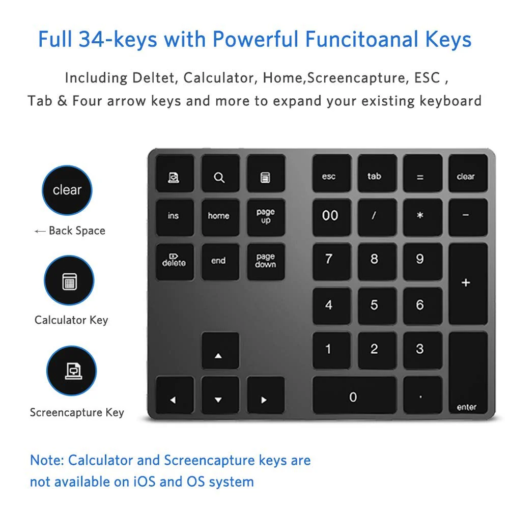 Bluetooth Number Pad, Wireless Numeric Keypad, USB-C Rechargeable External 34-Keys Numpad, Financial Data Entry Keyboard for iMac, MacBook Air/Pro, PC Desktop, Laptop Notebook A-Black - Image 3