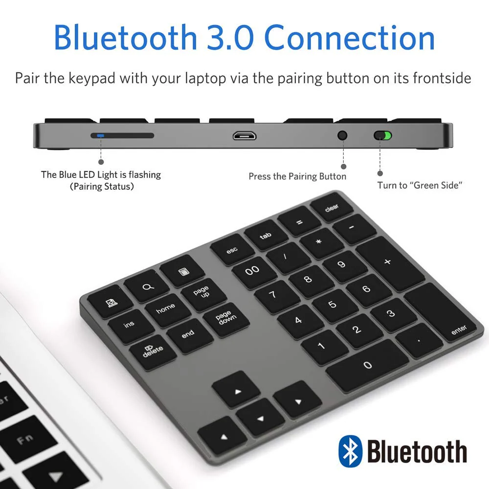 Bluetooth Number Pad, Wireless Numeric Keypad, USB-C Rechargeable External 34-Keys Numpad, Financial Data Entry Keyboard for iMac, MacBook Air/Pro, PC Desktop, Laptop Notebook A-Black - Image 4
