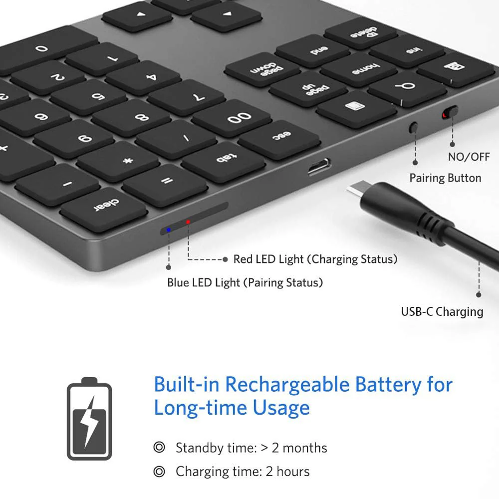 Bluetooth Number Pad, Wireless Numeric Keypad, USB-C Rechargeable External 34-Keys Numpad, Financial Data Entry Keyboard for iMac, MacBook Air/Pro, PC Desktop, Laptop Notebook A-Black - Image 6