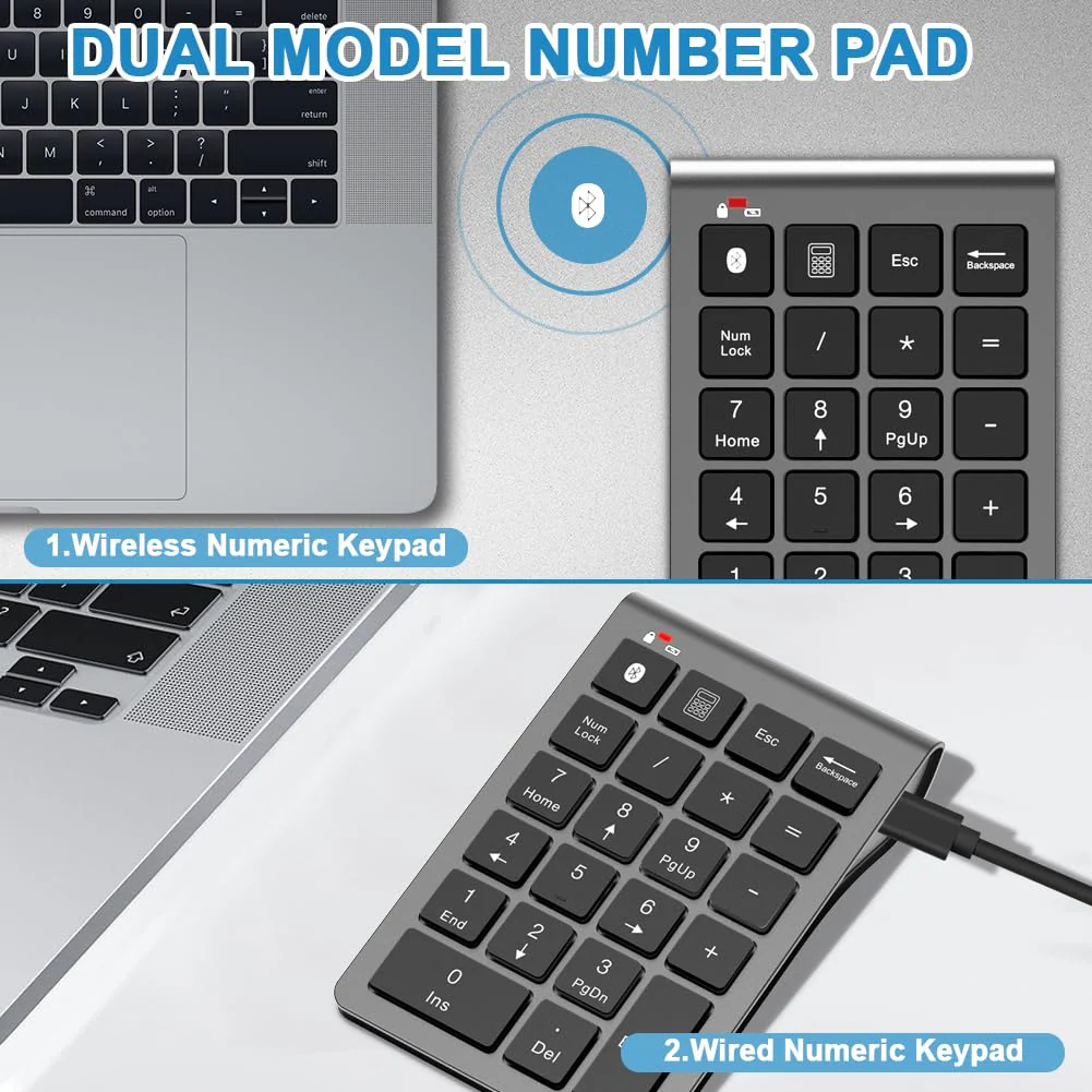 Bluetooth Number Pad Wireless & Wired 10 Key USB Keypad Two in One, Rechargeable Numpad for Laptops, Desktop, Computers Accessories Compatible with MacBook iPads ChromeBook EliteBook Notebook etc. Metal Grey - Image 2