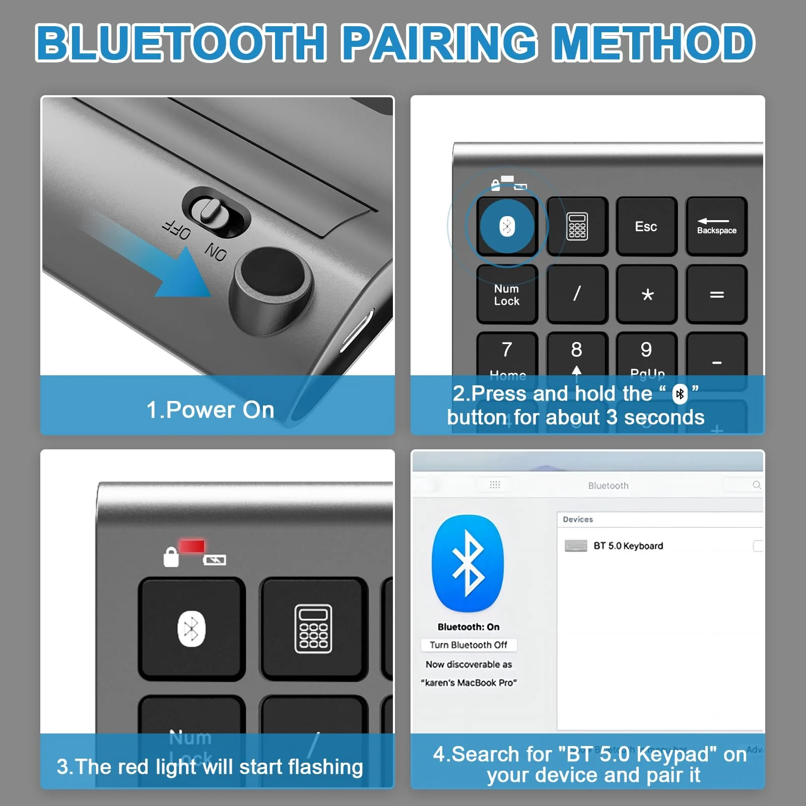 Bluetooth Number Pad Wireless & Wired 10 Key USB Keypad Two in One, Rechargeable Numpad for Laptops, Desktop, Computers Accessories Compatible with MacBook iPads ChromeBook EliteBook Notebook etc. Metal Grey - Image 3