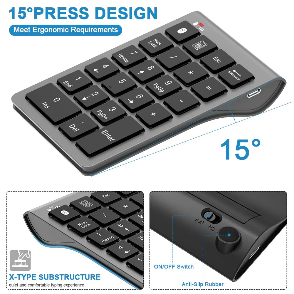 Bluetooth Number Pad Wireless & Wired 10 Key USB Keypad Two in One, Rechargeable Numpad for Laptops, Desktop, Computers Accessories Compatible with MacBook iPads ChromeBook EliteBook Notebook etc. Metal Grey - Image 4