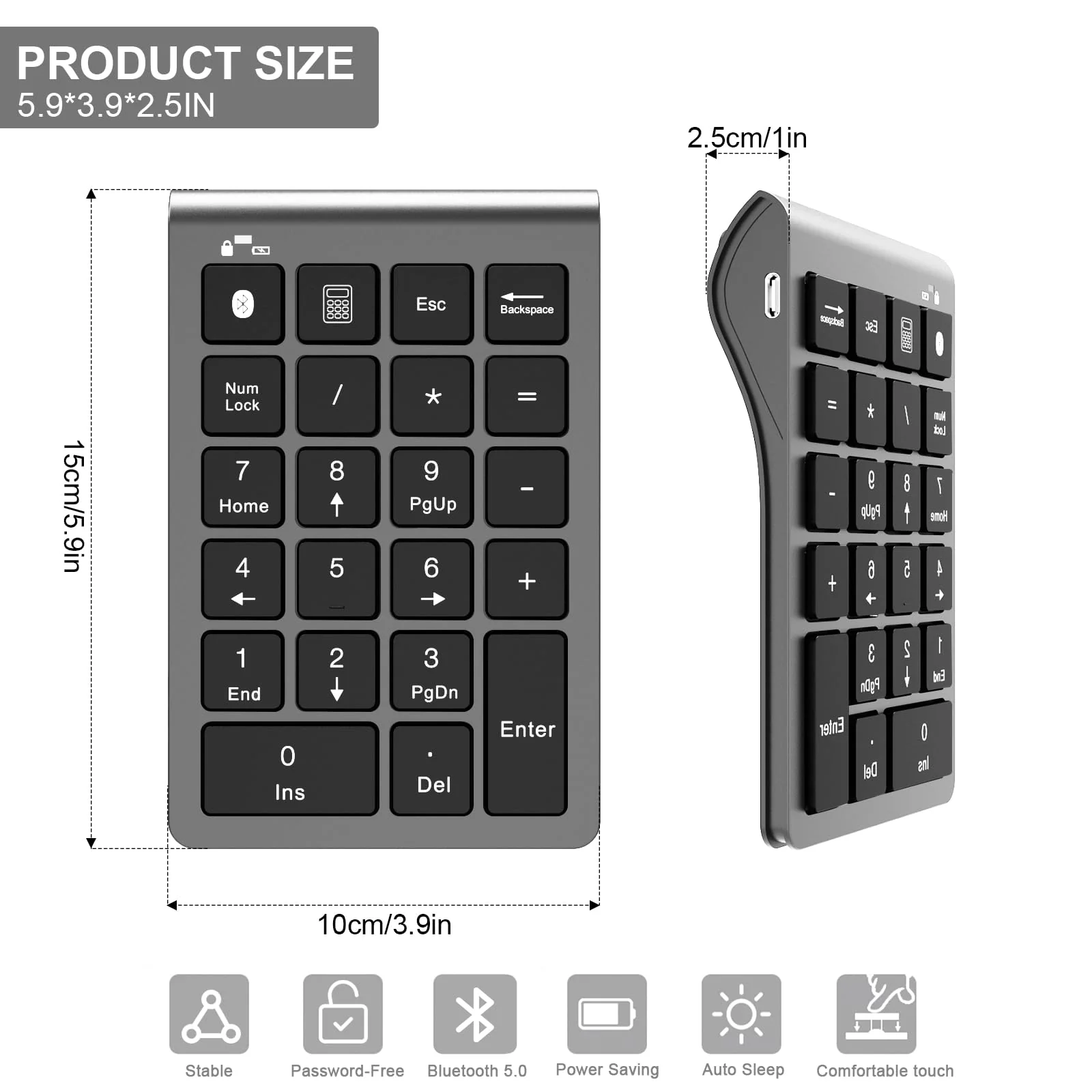 Bluetooth Number Pad Wireless & Wired 10 Key USB Keypad Two in One, Rechargeable Numpad for Laptops, Desktop, Computers Accessories Compatible with MacBook iPads ChromeBook EliteBook Notebook etc. Metal Grey - Image 5