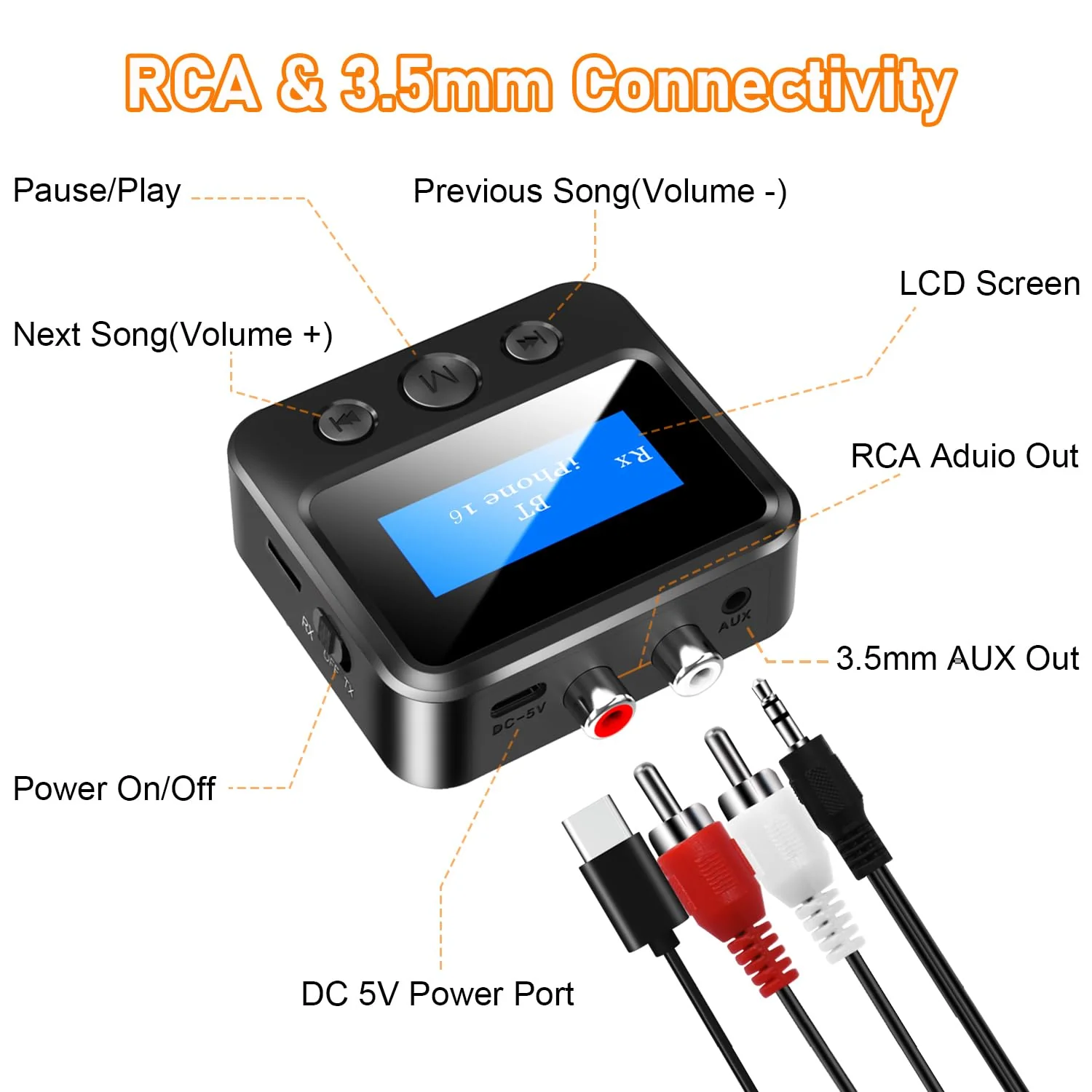 Bluetooth Receiver for Old Stereo, 3.5mm AUX Bluetooth Audio Adapter for Stereo Receiver Wired Speakers Home Theater Amplifier, with RCA L/R 3.5mm Jack Low Latency for Music Streaming, TF Card Play - Image 7