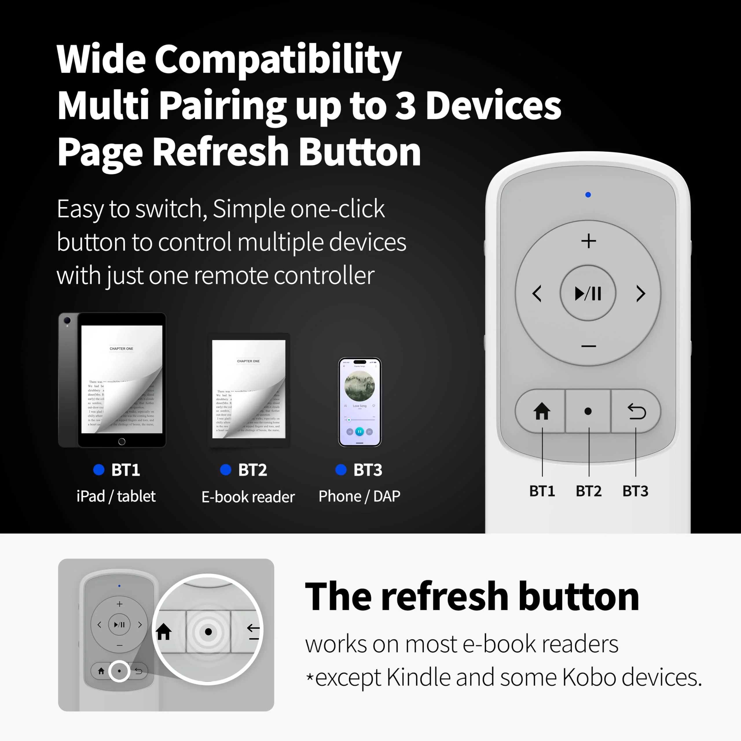Bluetooth Remote Control Page Turner Clicker for Kindle App, Boox, e-Reader, TikTok Scrolling, YouTube Shorts, Reels, Video, Music, Camera, for iOS iPad iPhone, Android Galaxy Phone Tablet (White) White - Image 3