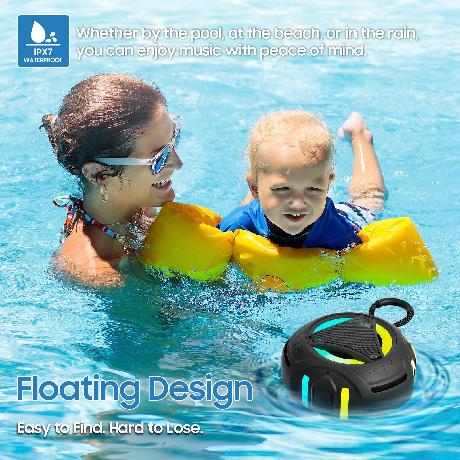 Bluetooth Shower Speake Waterproof，Portable Outdoor Bluetooth Speake with RGB Lights，IPX67 Floating，Built-in Mic，24Hrs Playtime，True Wireless Stereo，Gifts for Teens Boy Girls Women Men - Black - Image 2
