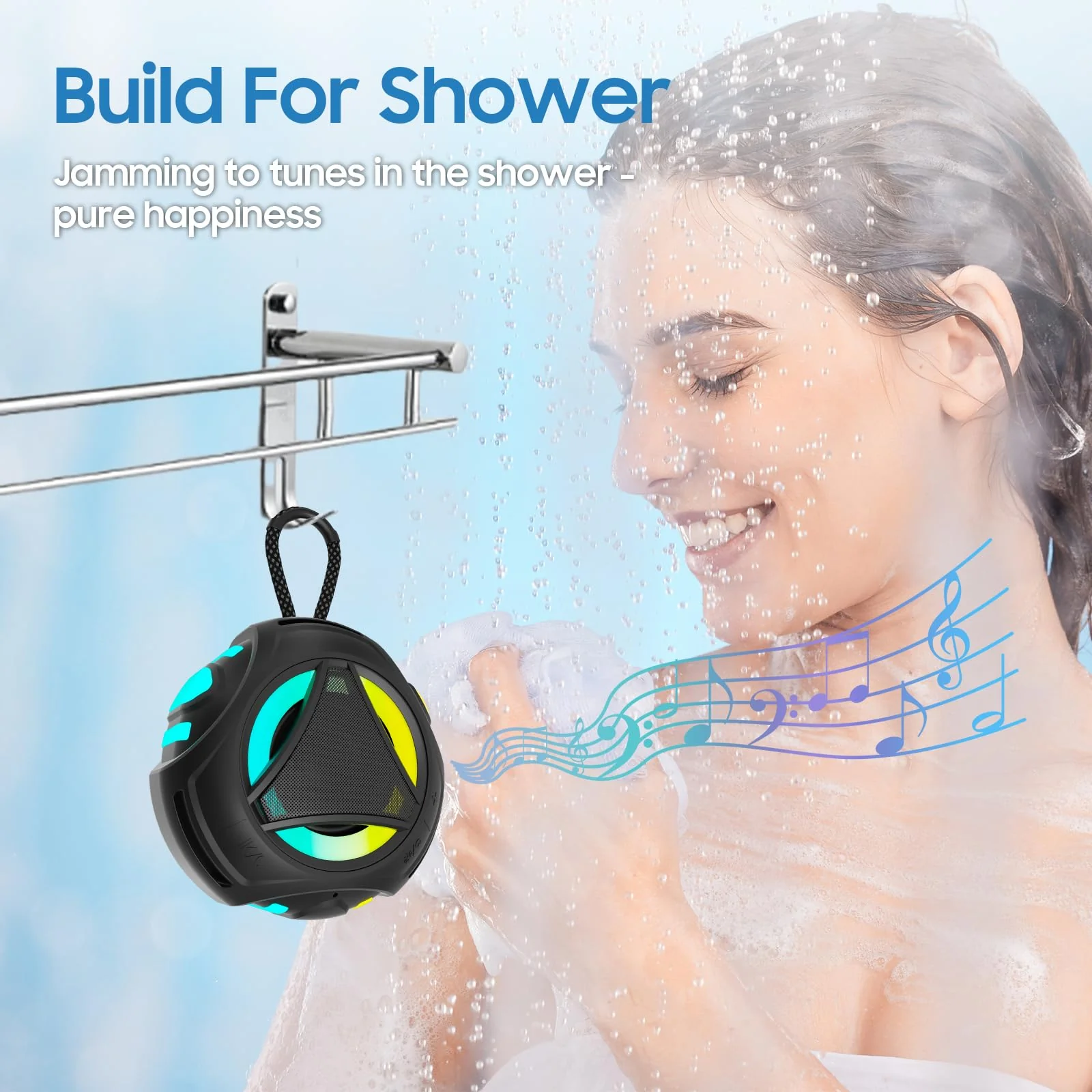 Bluetooth Shower Speake Waterproof，Portable Outdoor Bluetooth Speake with RGB Lights，IPX67 Floating，Built-in Mic，24Hrs Playtime，True Wireless Stereo，Gifts for Teens Boy Girls Women Men - Black - Image 3