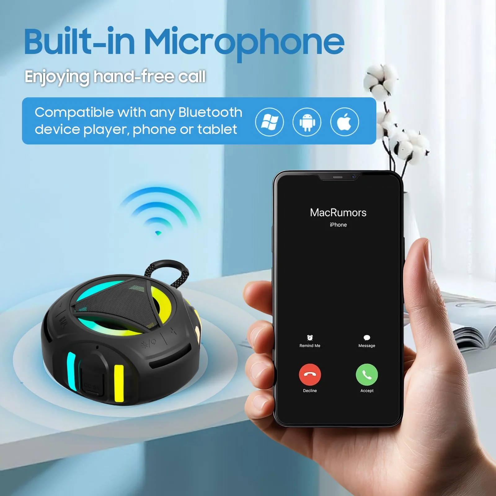 Bluetooth Shower Speake Waterproof，Portable Outdoor Bluetooth Speake with RGB Lights，IPX67 Floating，Built-in Mic，24Hrs Playtime，True Wireless Stereo，Gifts for Teens Boy Girls Women Men - Black - Image 5