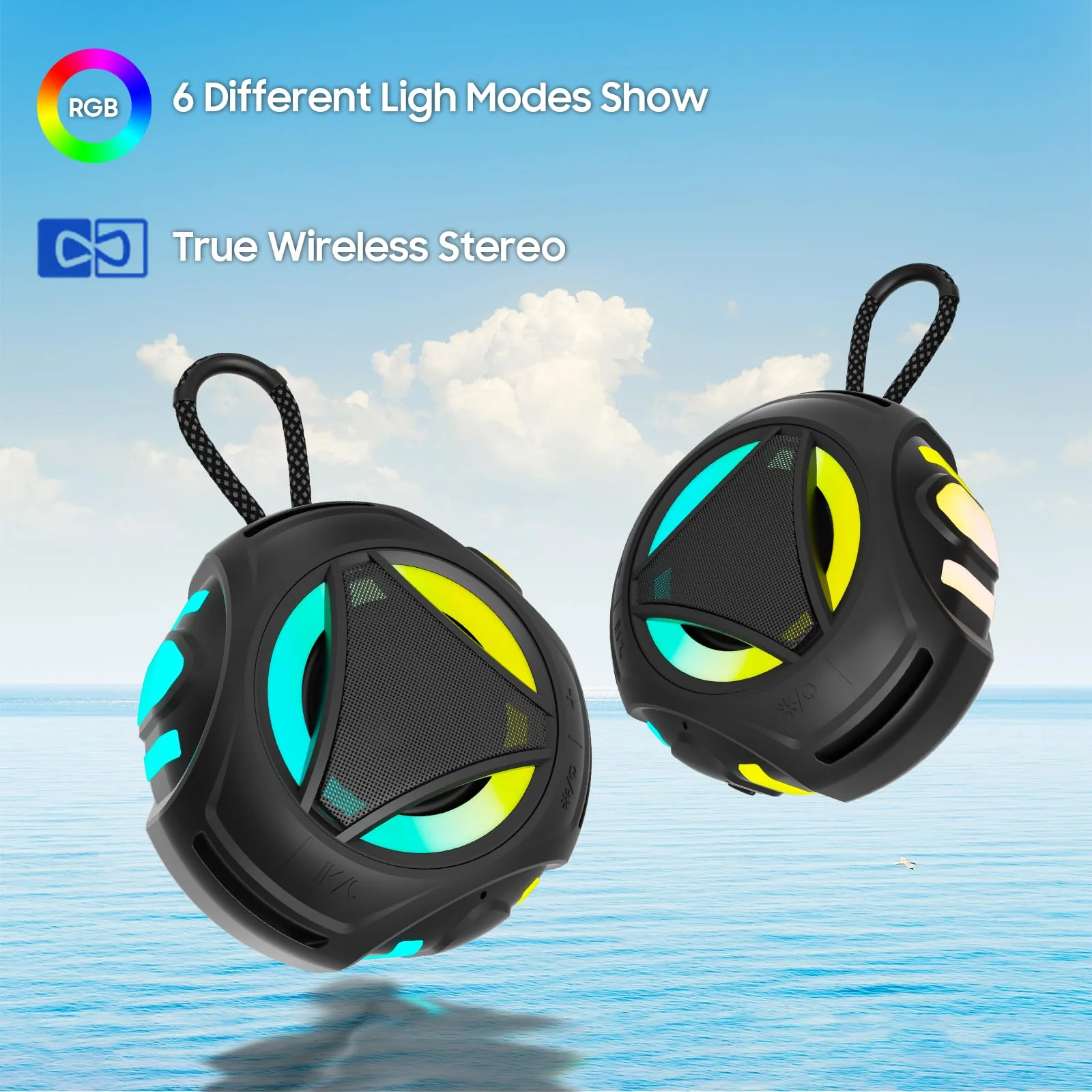 Bluetooth Shower Speake Waterproof，Portable Outdoor Bluetooth Speake with RGB Lights，IPX67 Floating，Built-in Mic，24Hrs Playtime，True Wireless Stereo，Gifts for Teens Boy Girls Women Men - Black - Image 6