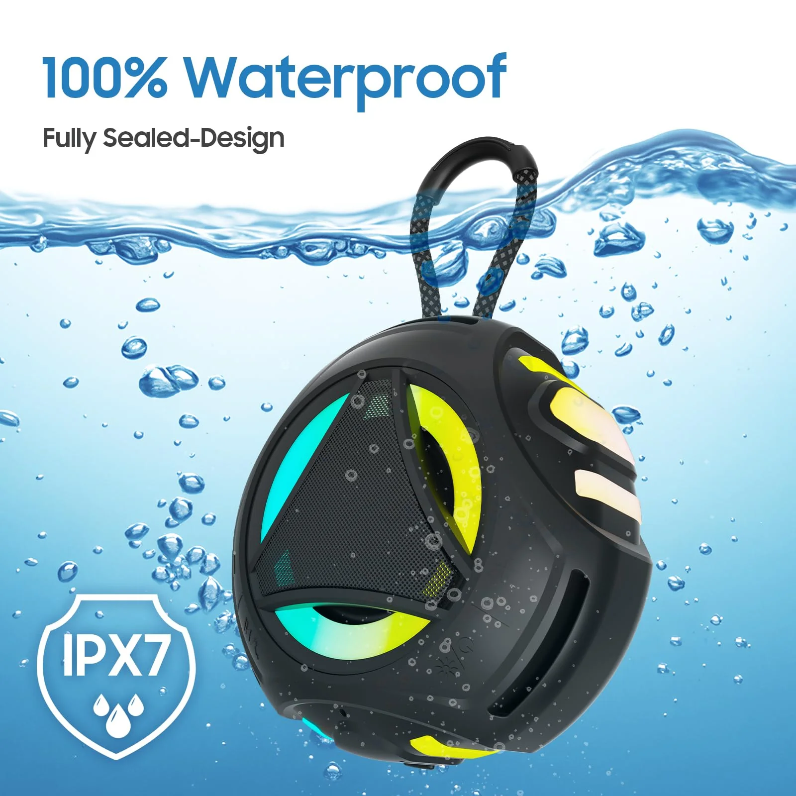 Bluetooth Shower Speake Waterproof，Portable Outdoor Bluetooth Speake with RGB Lights，IPX67 Floating，Built-in Mic，24Hrs Playtime，True Wireless Stereo，Gifts for Teens Boy Girls Women Men - Black - Image 7
