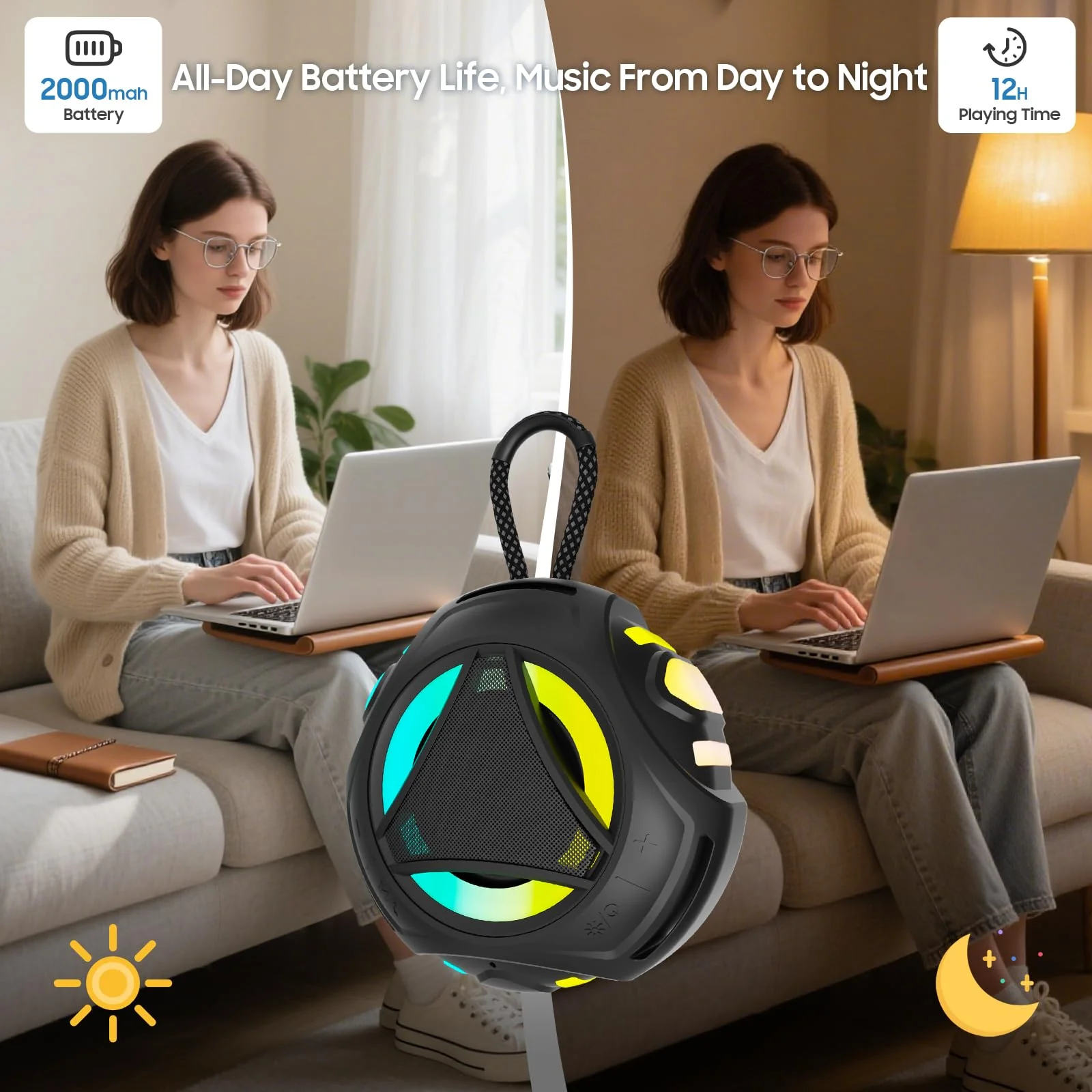 Bluetooth Shower Speake Waterproof，Portable Outdoor Bluetooth Speake with RGB Lights，IPX67 Floating，Built-in Mic，24Hrs Playtime，True Wireless Stereo，Gifts for Teens Boy Girls Women Men - Black - Image 8