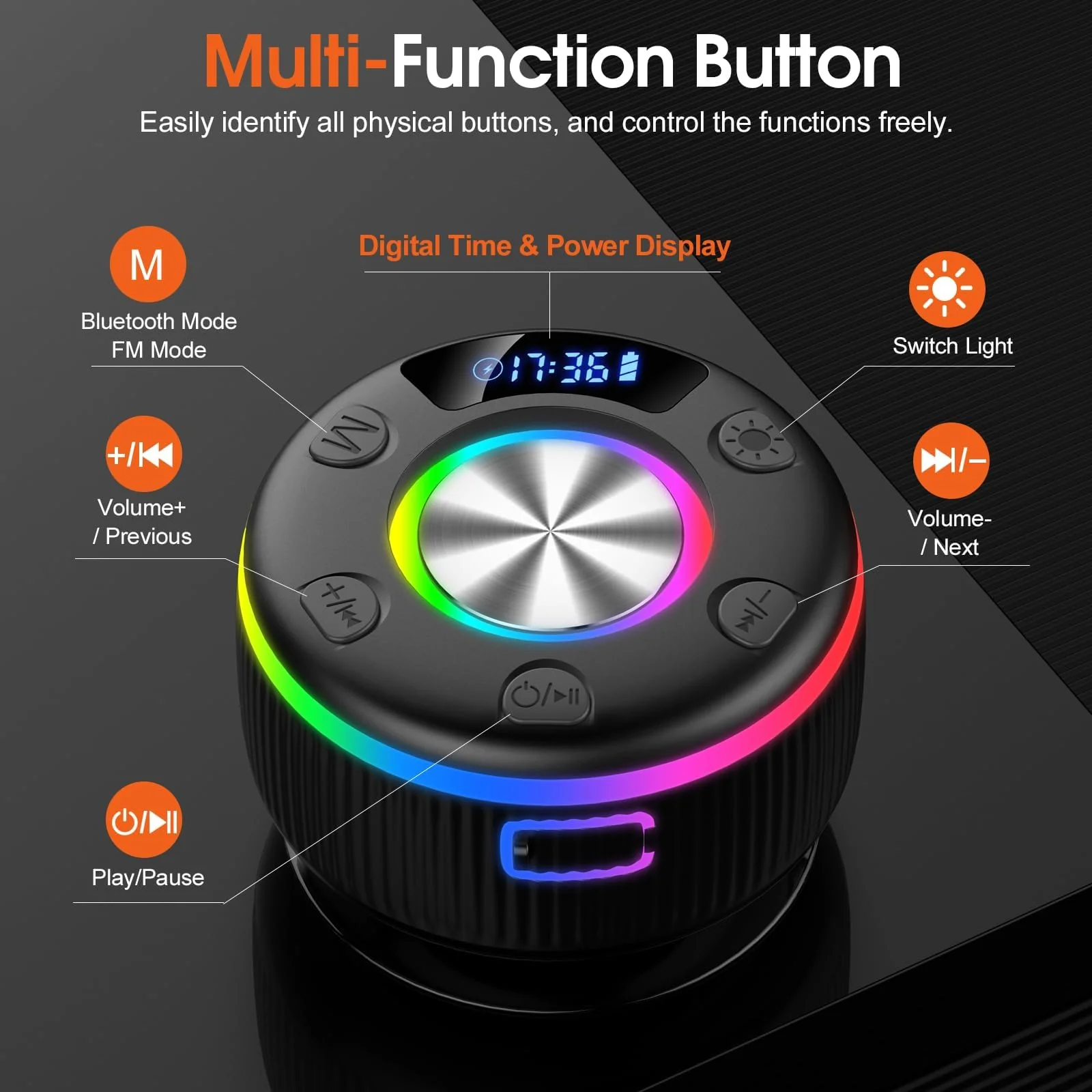 Bluetooth Shower Speaker, IP7 Waterproof Portable Bluetooth 5.3 Speakers with Suction Cup, Mini Wireless Speaker with RGB Lights Time Display, Loud Stereo Sound for Bathroom Beach Outdoor Party Gift Sleek Black - Image 2