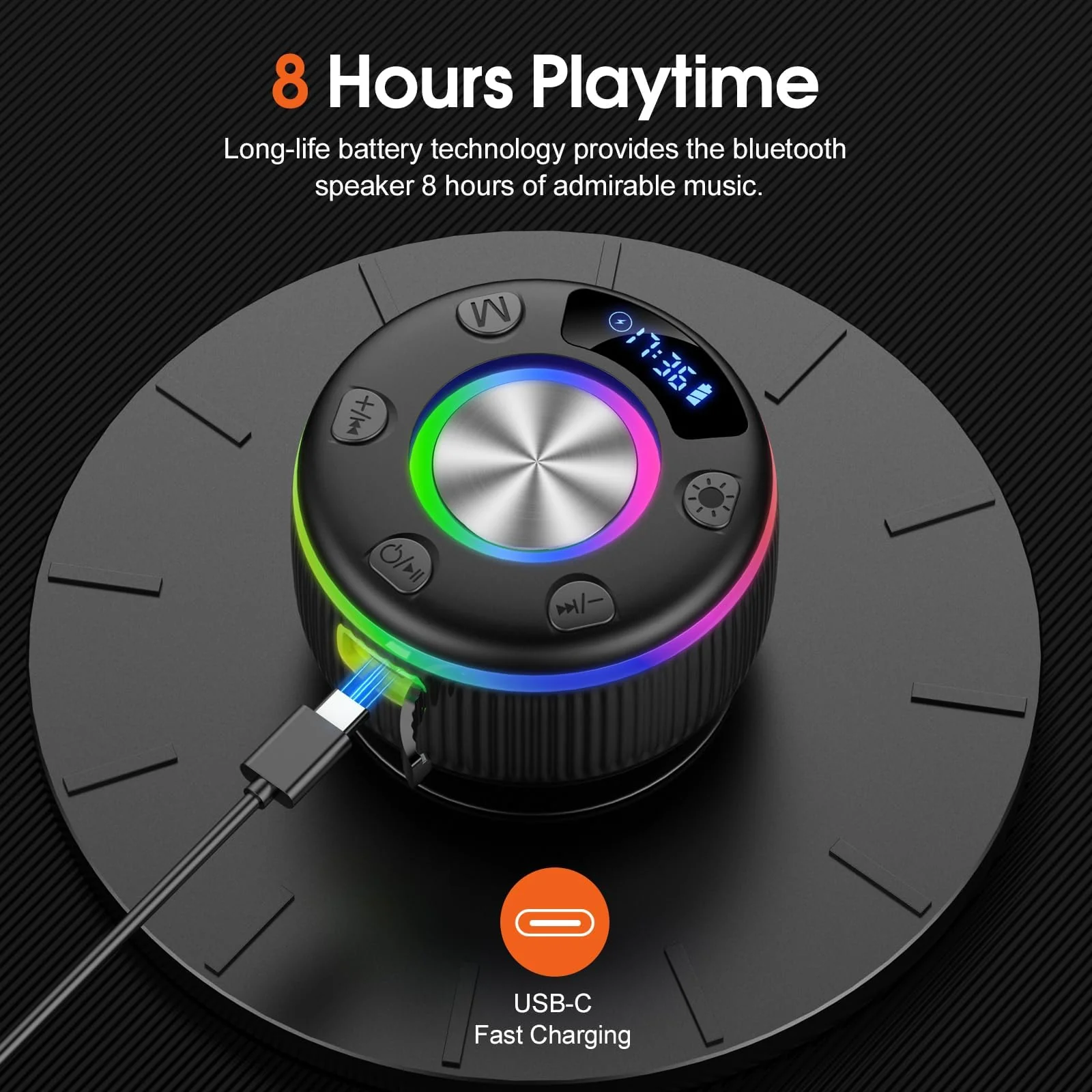 Bluetooth Shower Speaker, IP7 Waterproof Portable Bluetooth 5.3 Speakers with Suction Cup, Mini Wireless Speaker with RGB Lights Time Display, Loud Stereo Sound for Bathroom Beach Outdoor Party Gift Sleek Black - Image 6