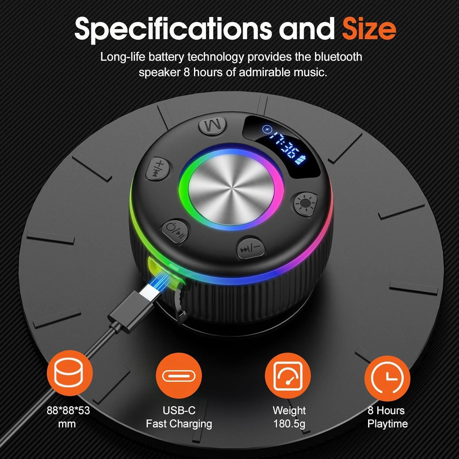 Bluetooth Shower Speaker, IP7 Waterproof Portable Bluetooth 5.3 Speakers with Suction Cup, Mini Wireless Speaker with RGB Lights Time Display, Loud Stereo Sound for Bathroom Beach Outdoor Party Gift Sleek Black - Image 7