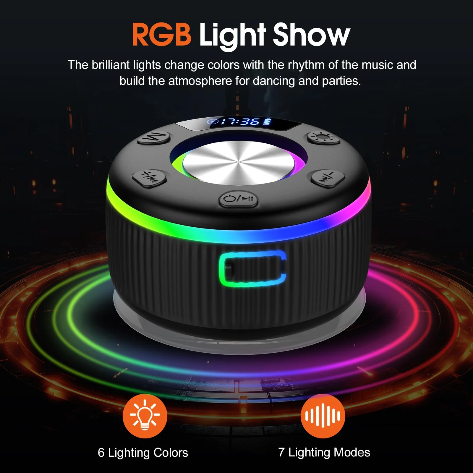 Bluetooth Shower Speaker, Portable Bluetooth 5.3 Speakers Wireless with Time Display, IP7 Waterproof Speakers with RGB Light, Suction Cup, Mini Stereo Speaker for Bathroom Party Travel Beach Outdoor Jet Black - Image 3