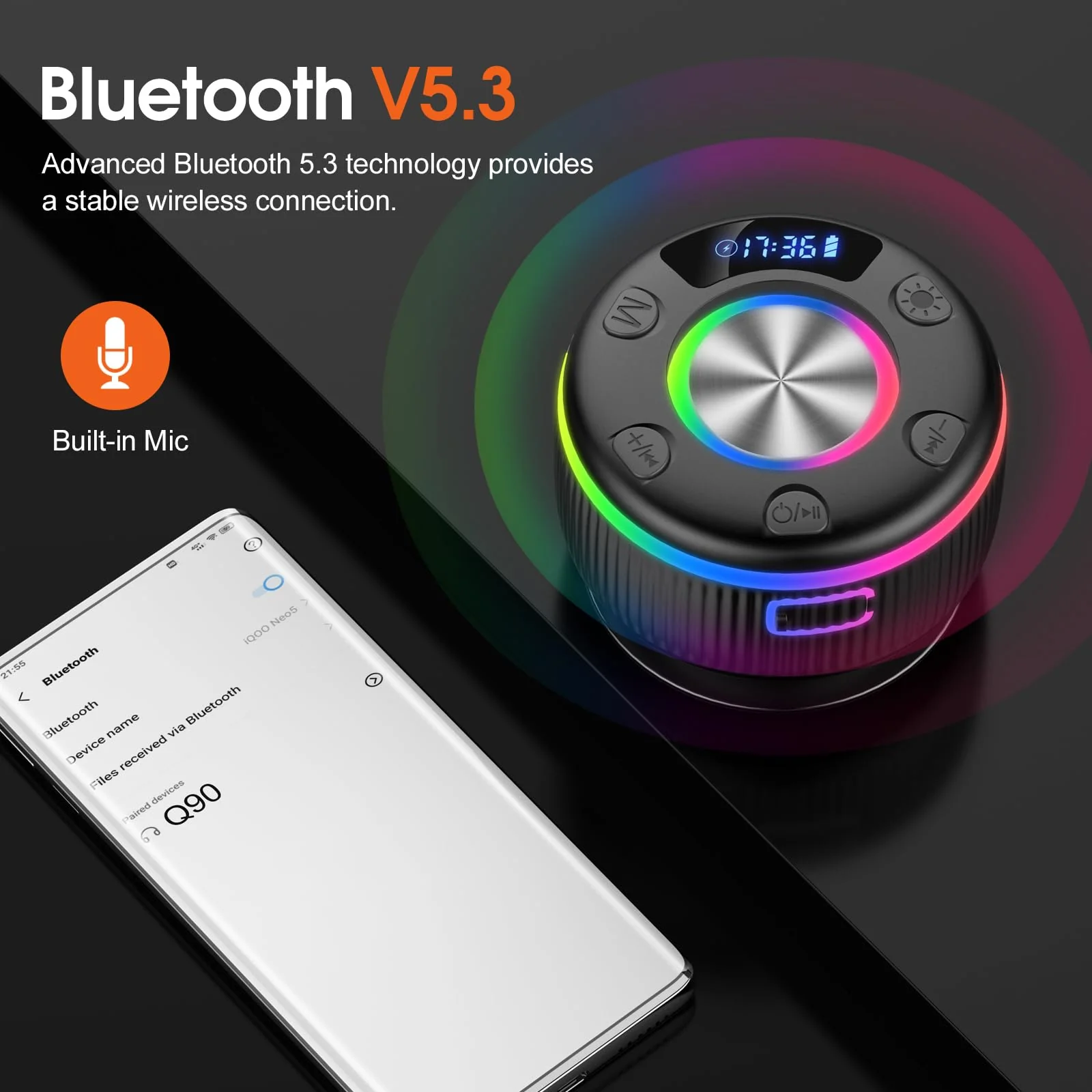 Bluetooth Shower Speaker, Portable Bluetooth 5.3 Speakers Wireless with Time Display, IP7 Waterproof Speakers with RGB Light, Suction Cup, Mini Stereo Speaker for Bathroom Party Travel Beach Outdoor Jet Black - Image 4
