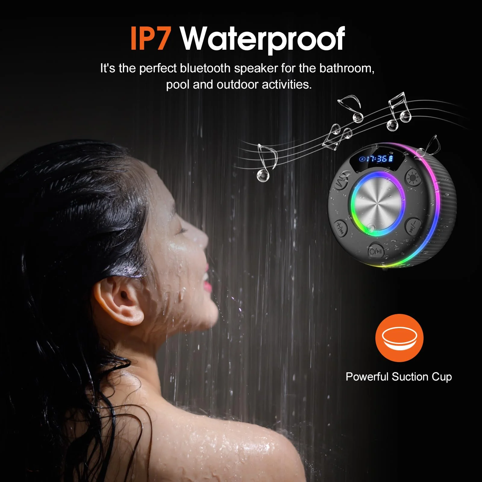 Bluetooth Shower Speaker, Portable Bluetooth 5.3 Speakers Wireless with Time Display, IP7 Waterproof Speakers with RGB Light, Suction Cup, Mini Stereo Speaker for Bathroom Party Travel Beach Outdoor Jet Black - Image 5