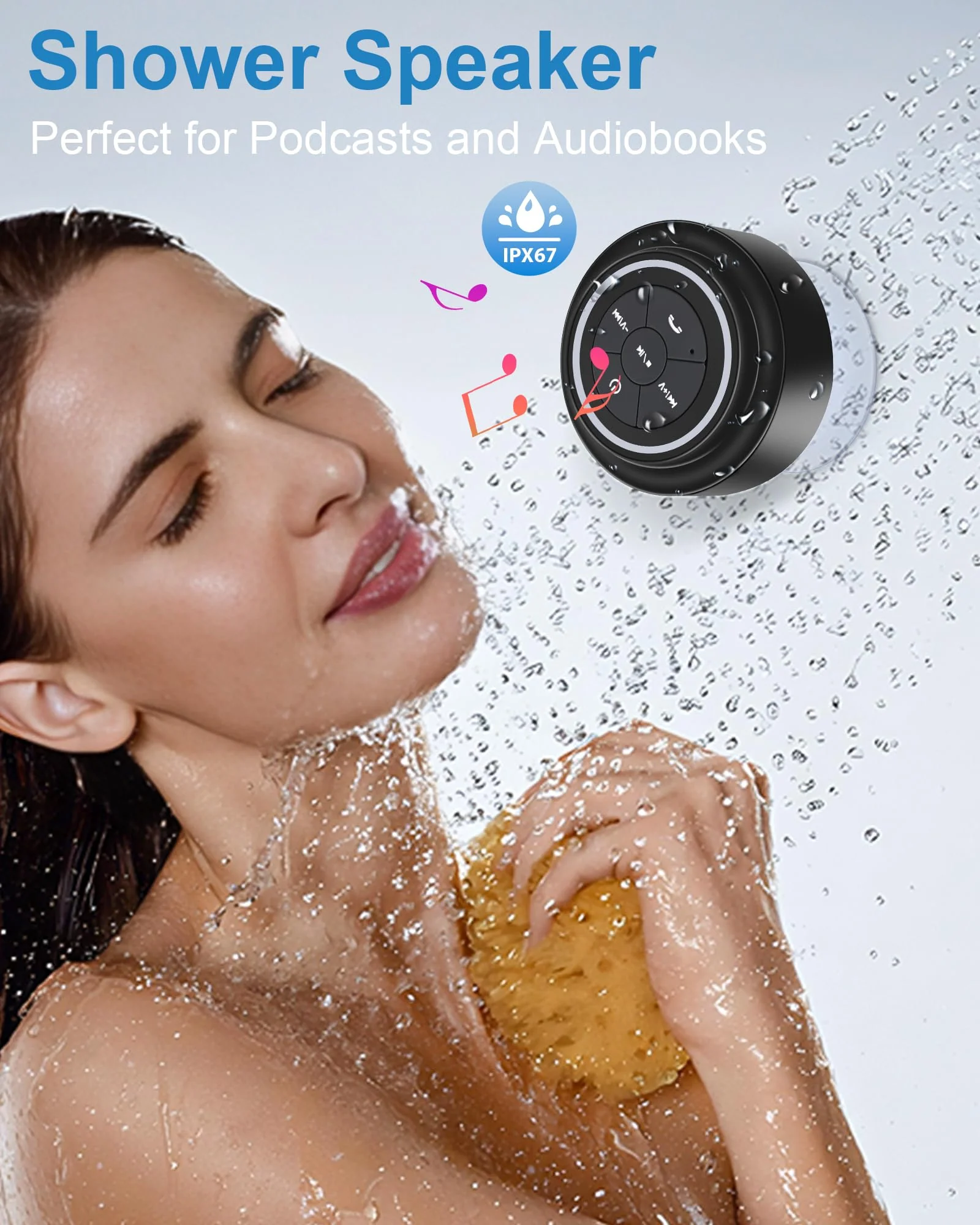 Bluetooth Shower Speaker, Portable Bluetooth Speakers, IP67 Waterproof Speaker with Suction Cup, Floating, Crystal Sound, Ideal for Outdoor Beach Pool, Great Gifts Black - Image 2