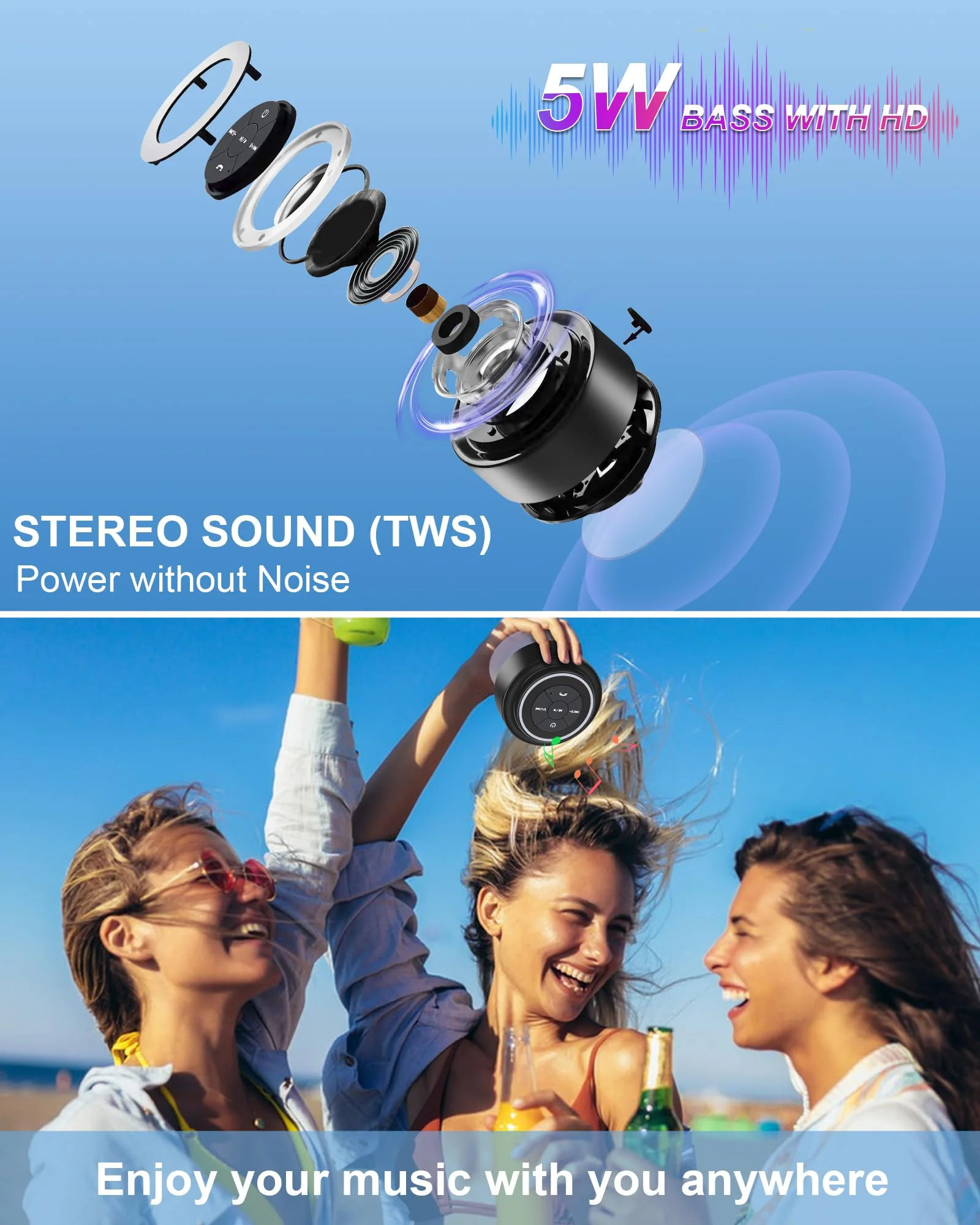 Bluetooth Shower Speaker, Portable Bluetooth Speakers, IP67 Waterproof Speaker with Suction Cup, Floating, Crystal Sound, Ideal for Outdoor Beach Pool, Great Gifts Black - Image 3