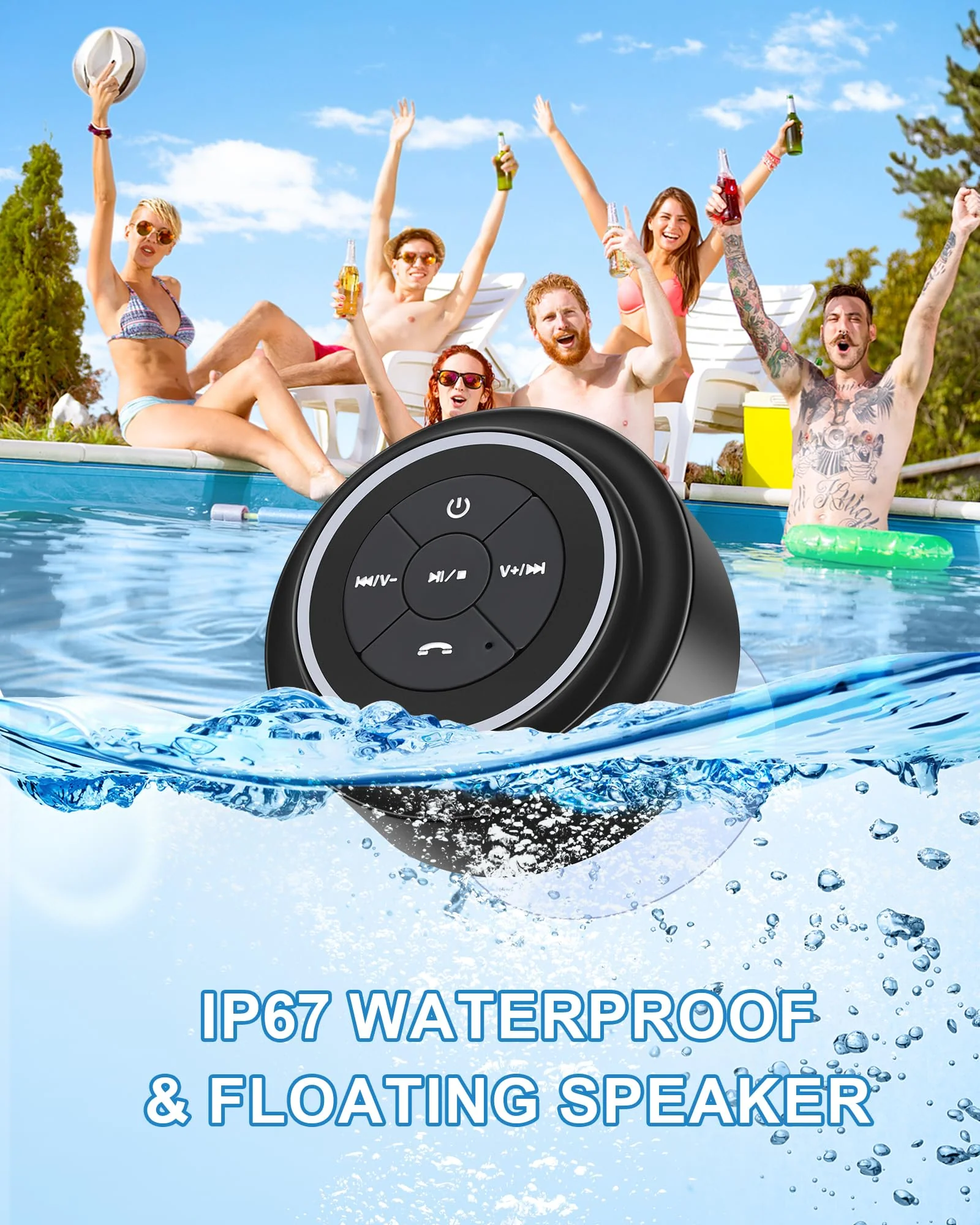 Bluetooth Shower Speaker, Portable Bluetooth Speakers, IP67 Waterproof Speaker with Suction Cup, Floating, Crystal Sound, Ideal for Outdoor Beach Pool, Great Gifts Black - Image 4