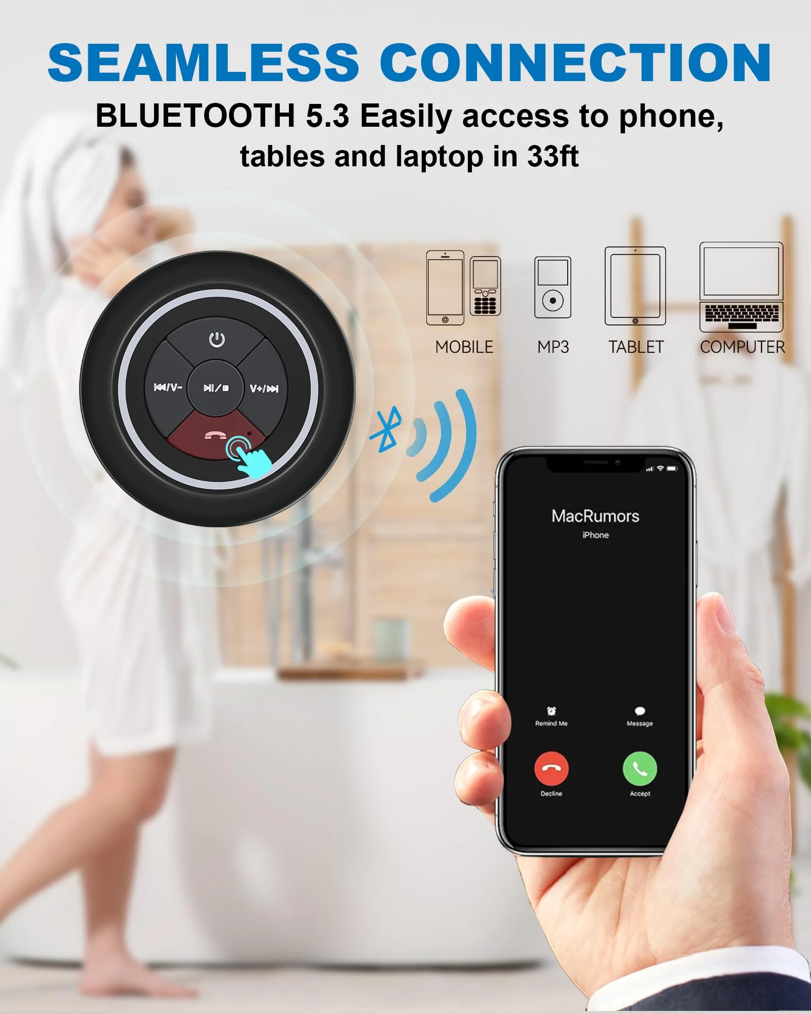 Bluetooth Shower Speaker, Portable Bluetooth Speakers, IP67 Waterproof Speaker with Suction Cup, Floating, Crystal Sound, Ideal for Outdoor Beach Pool, Great Gifts Black - Image 5