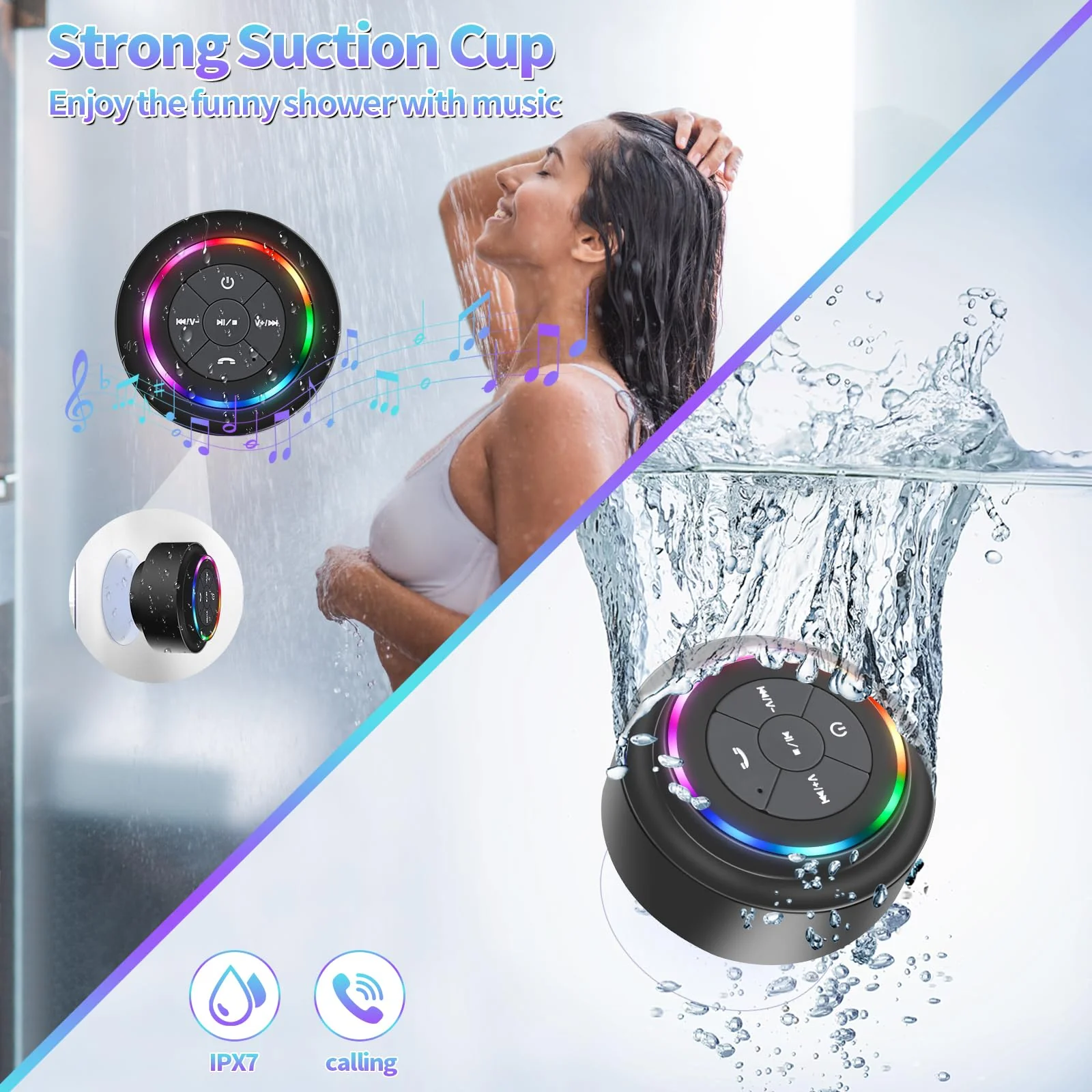 Bluetooth Shower Speaker, Portable Bluetooth Speakers with Suction Cup, IP67 Waterproof Speaker with LED Light, Wireless, Floating, for Camping Beach Travel, Gift for Men, Women Multicolor - Image 3