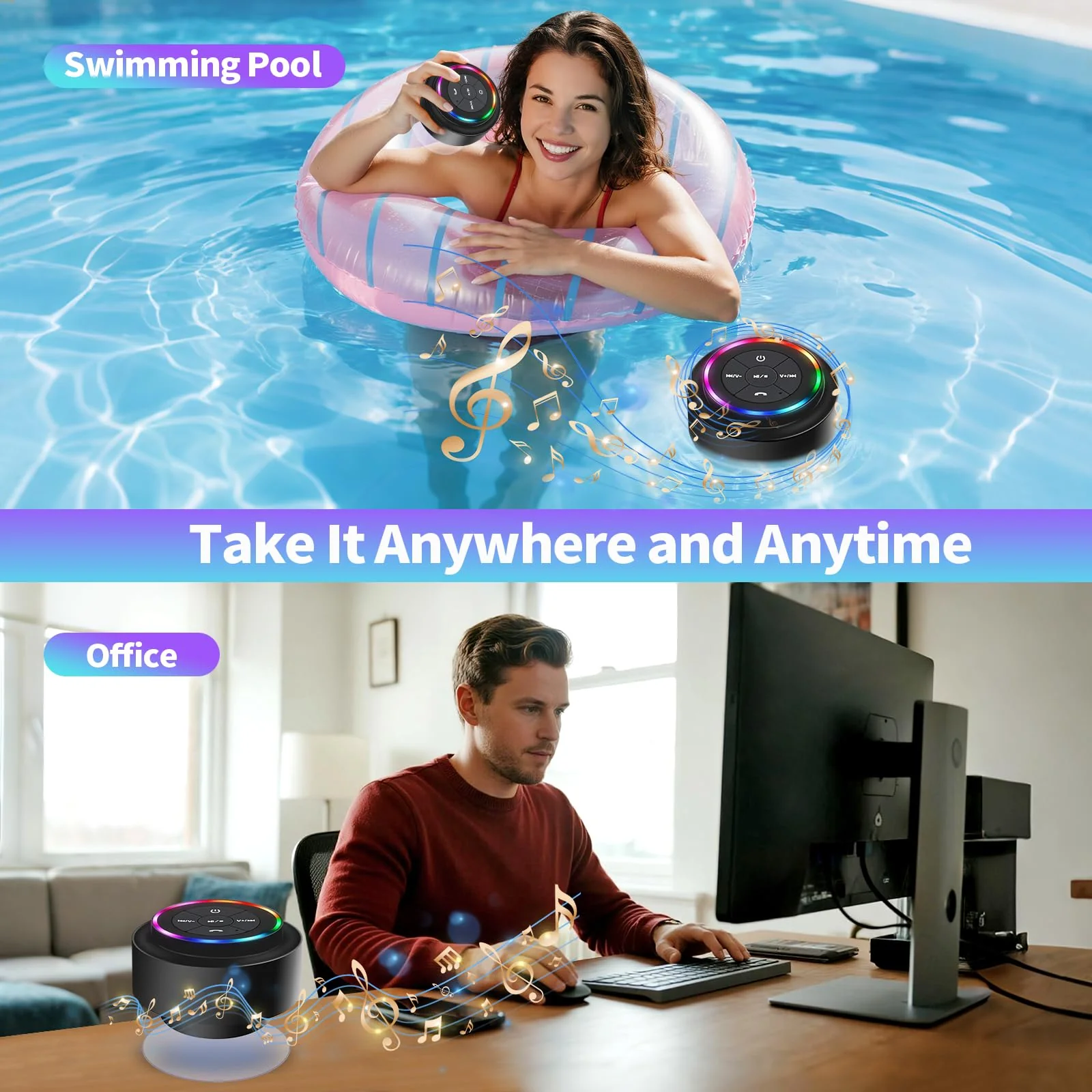 Bluetooth Shower Speaker, Portable Bluetooth Speakers with Suction Cup, IP67 Waterproof Speaker with LED Light, Wireless, Floating, for Camping Beach Travel, Gift for Men, Women Multicolor - Image 5