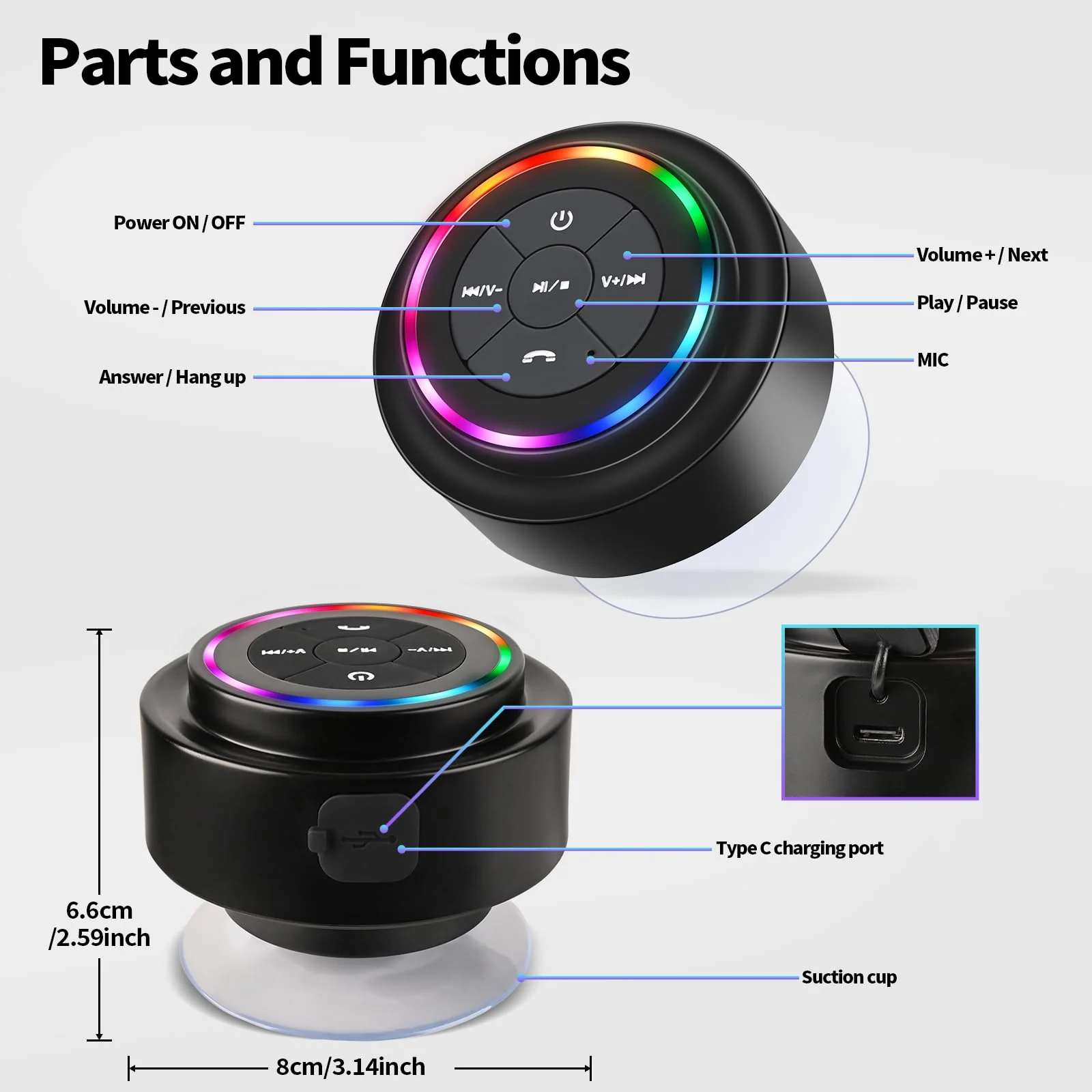 Bluetooth Shower Speaker, Portable Bluetooth Speakers with Suction Cup, IP67 Waterproof Speaker with LED Light, Wireless, Floating, for Camping Beach Travel, Gift for Men, Women Multicolor - Image 7