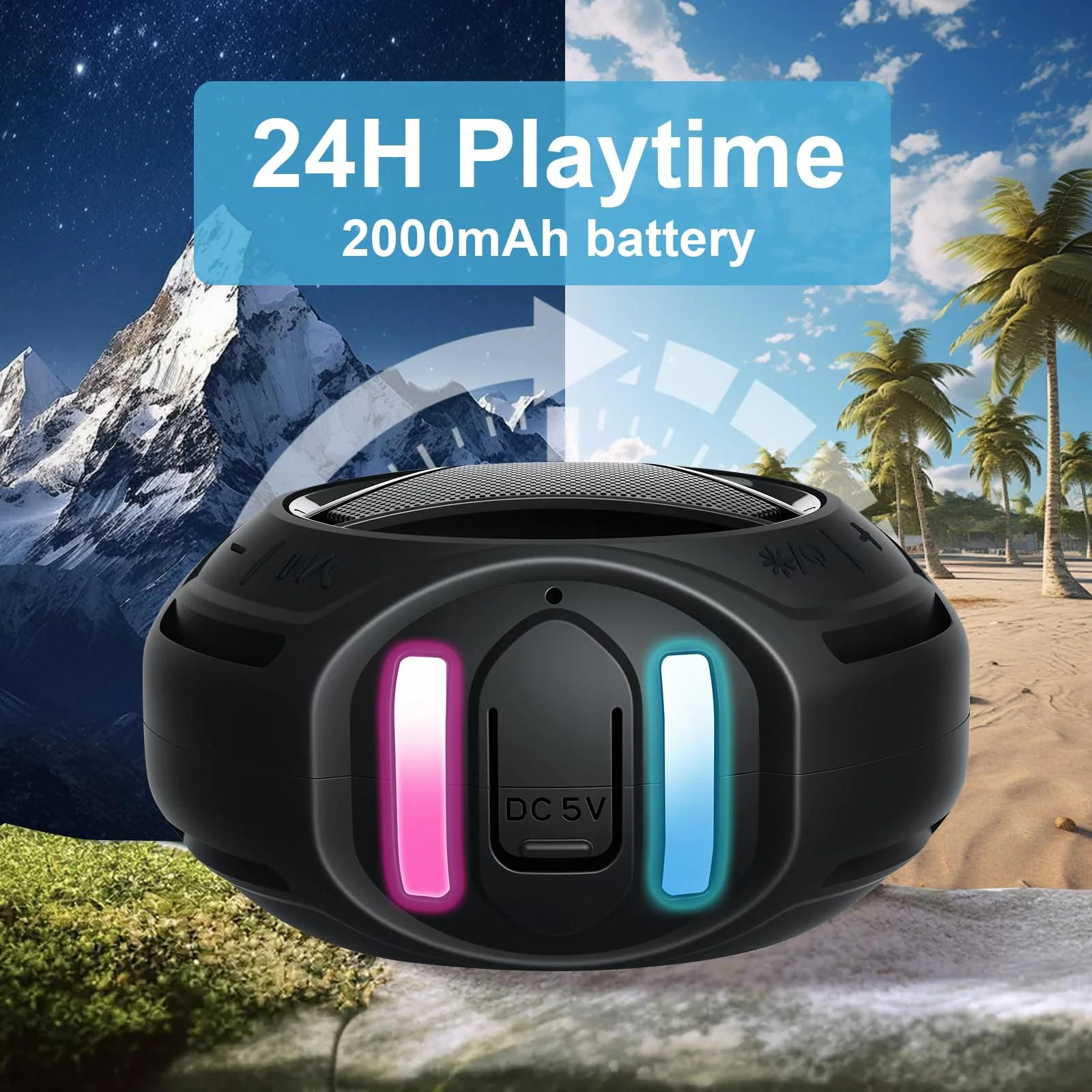 Bluetooth Shower Speaker Waterproof, Portable Bluetooth Speakers Wireless, Outdoor, Floating IPX7, Built-in Mic, 24H Playtime with LED Lights, Loud HD Sound, Powerful Bass, Gifts for Unisex - Black - Image 2