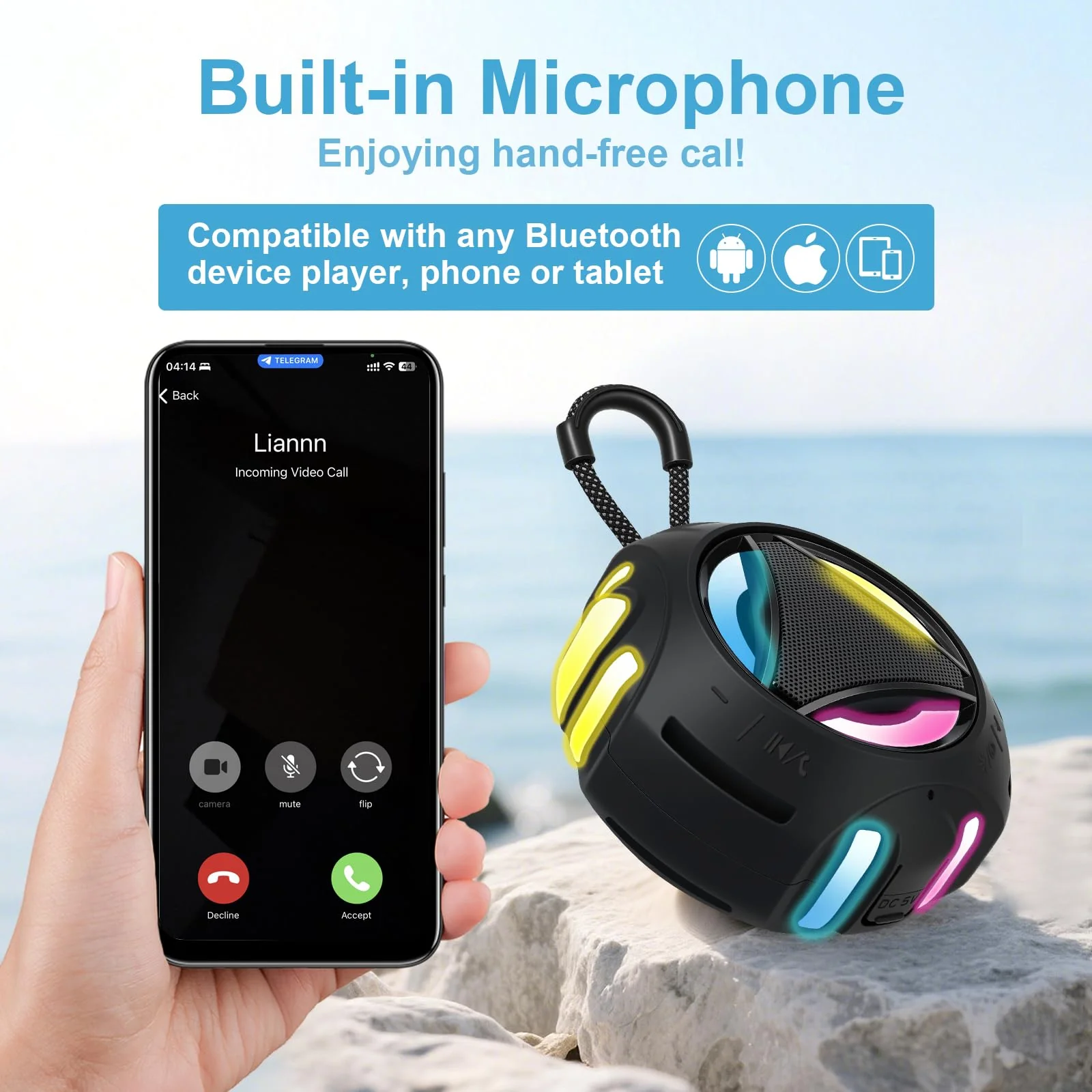 Bluetooth Shower Speaker Waterproof, Portable Bluetooth Speakers Wireless, Outdoor, Floating IPX7, Built-in Mic, 24H Playtime with LED Lights, Loud HD Sound, Powerful Bass, Gifts for Unisex - Black - Image 3