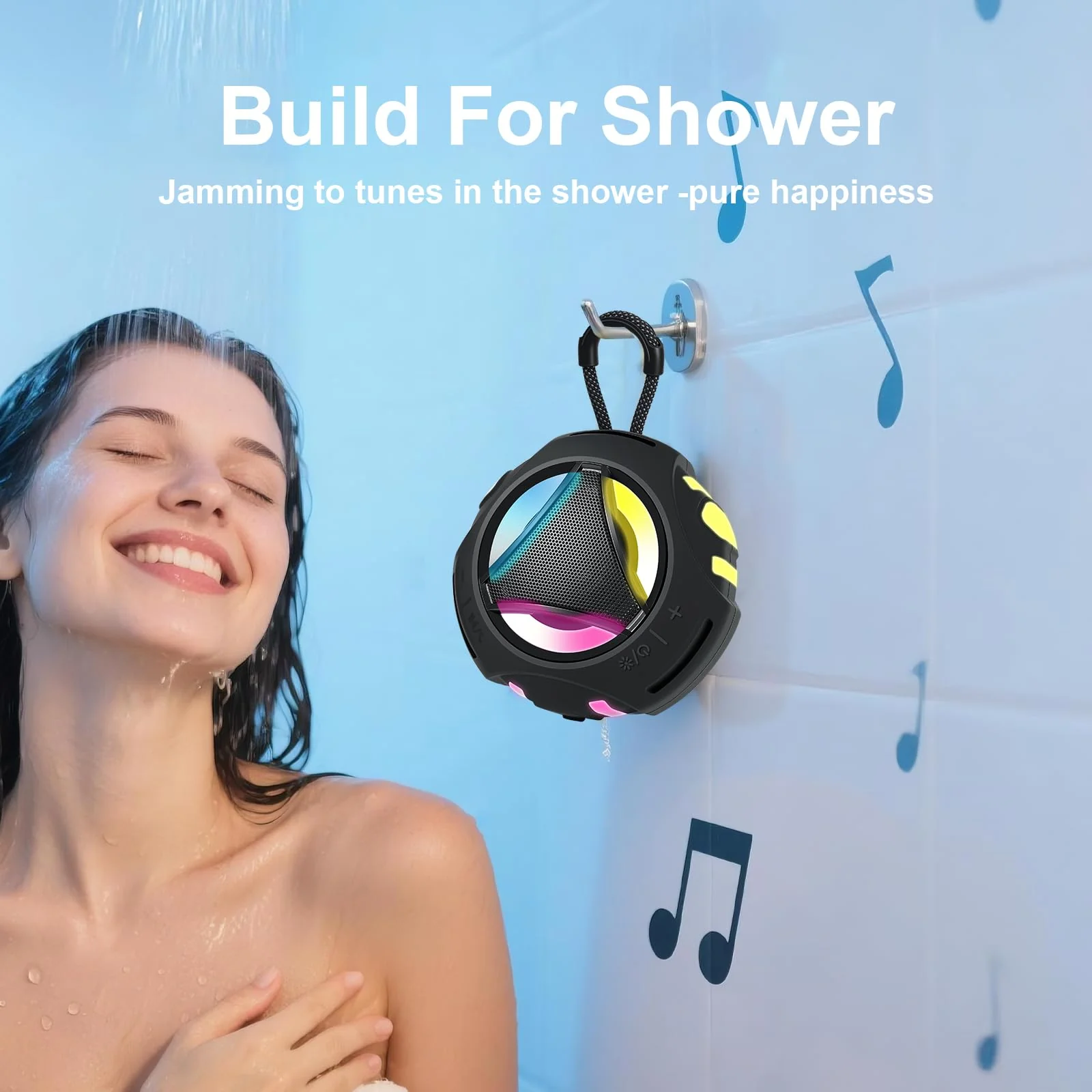 Bluetooth Shower Speaker Waterproof, Portable Bluetooth Speakers Wireless, Outdoor, Floating IPX7, Built-in Mic, 24H Playtime with LED Lights, Loud HD Sound, Powerful Bass, Gifts for Unisex - Black - Image 4