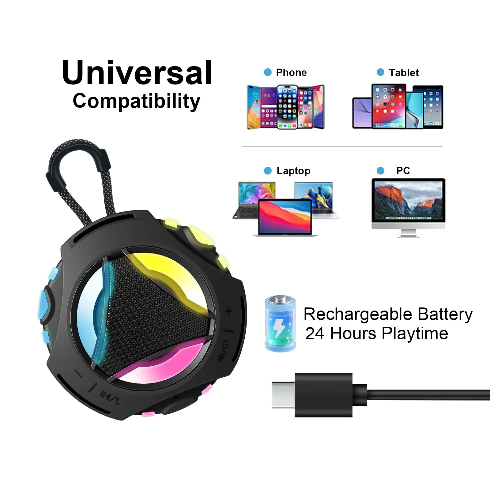 Bluetooth Shower Speaker Waterproof, Portable Bluetooth Speakers Wireless, Outdoor, Floating IPX7, Built-in Mic, 24H Playtime with LED Lights, Loud HD Sound, Powerful Bass, Gifts for Unisex - Black - Image 7