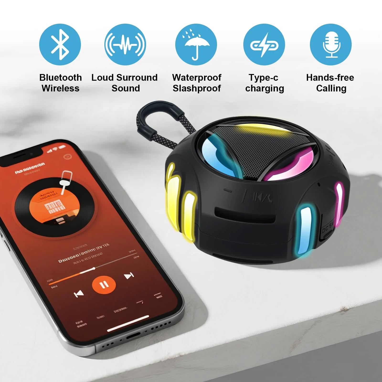 Bluetooth Shower Speaker Waterproof, Portable Bluetooth Speakers Wireless, Outdoor, Floating IPX7, Built-in Mic, 24H Playtime with LED Lights, Loud HD Sound, Powerful Bass, Gifts for Unisex - Black - Image 8