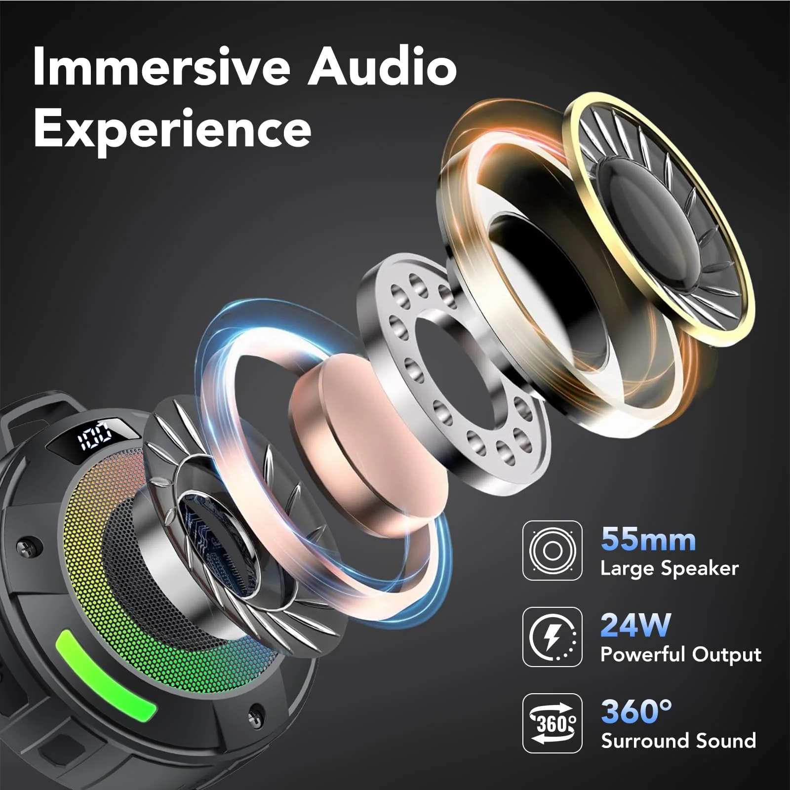 Bluetooth Speaker, 2025 Portable Wireless Shower Speaker, Digital Display Portable Speaker with Detachable hook ,IPX7 Waterproof with LED Light, HD Sound & Bass for Bathroom, Pool, Beach & Outdoor - Image 2