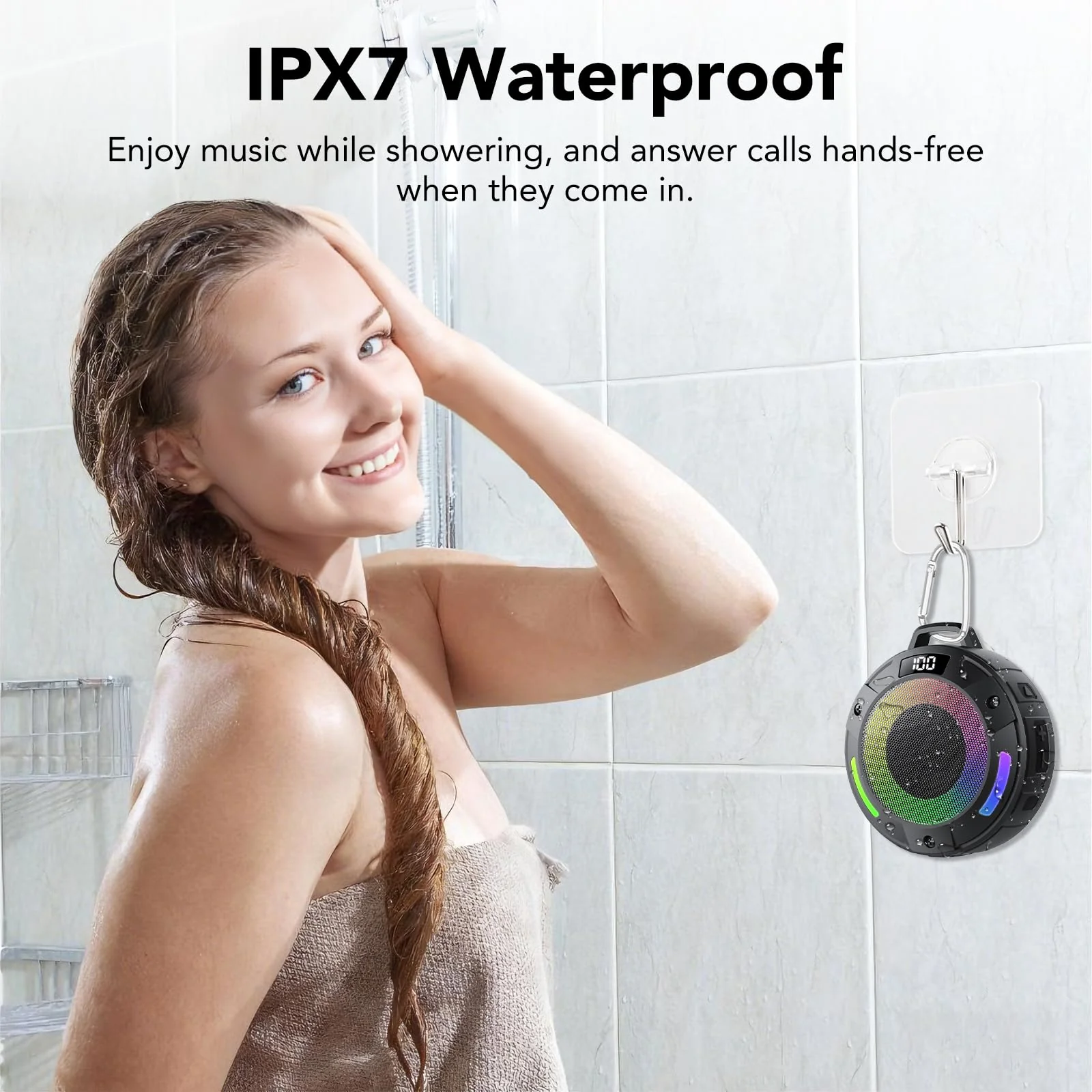 Bluetooth Speaker, 2025 Portable Wireless Shower Speaker, Digital Display Portable Speaker with Detachable hook ,IPX7 Waterproof with LED Light, HD Sound & Bass for Bathroom, Pool, Beach & Outdoor - Image 4