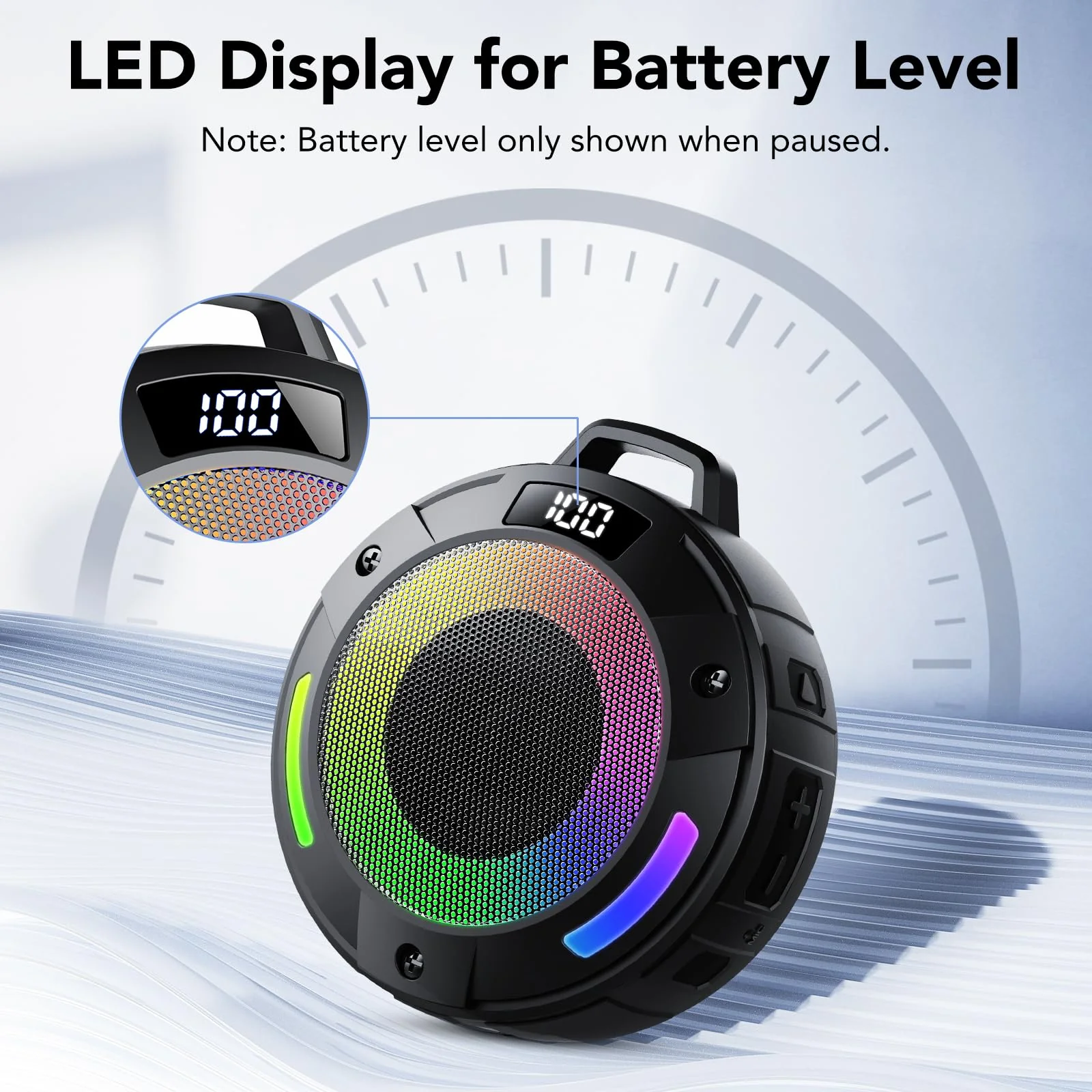 Bluetooth Speaker, 2025 Portable Wireless Shower Speaker, Digital Display Portable Speaker with Detachable hook ,IPX7 Waterproof with LED Light, HD Sound & Bass for Bathroom, Pool, Beach & Outdoor - Image 5