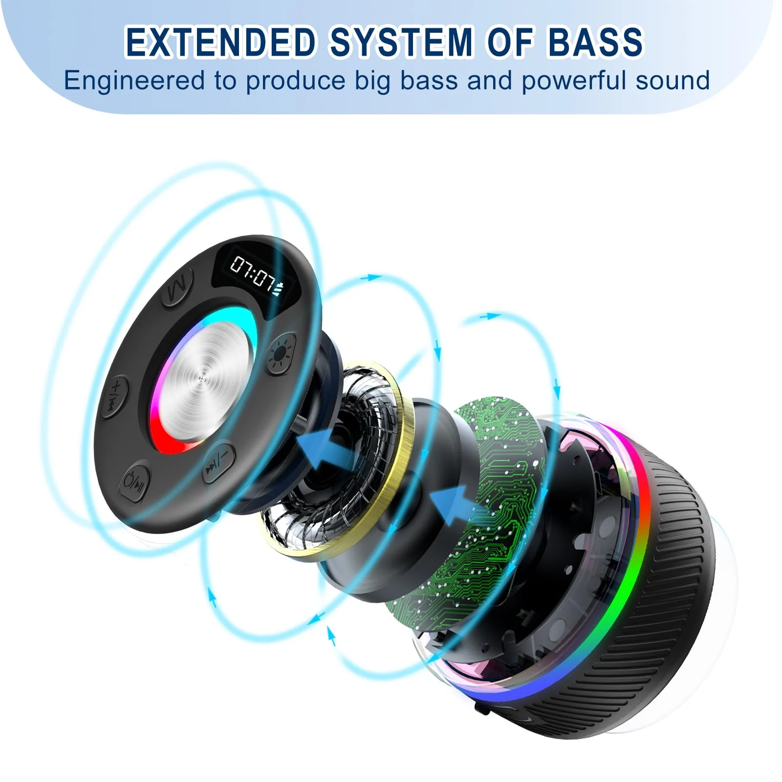 Bluetooth Speaker, Shower Speaker, IP7 Waterproof Portable Speakers Bluetooth 5.4 with HD Sound, RGB Light/LED Display/Hands-Free Call/Suction Cup Perfect for Bathroom Sing-Along Stocking Stuffers - Image 2