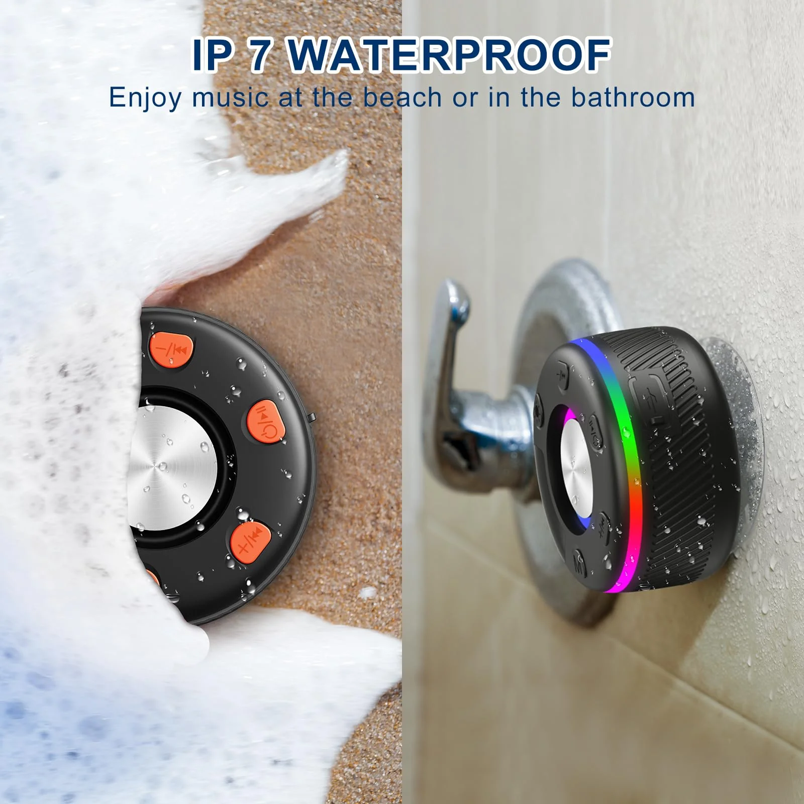 Bluetooth Speaker, Shower Speaker, IP7 Waterproof Portable Speakers Bluetooth 5.4 with HD Sound, RGB Light/LED Display/Hands-Free Call/Suction Cup Perfect for Bathroom Sing-Along Stocking Stuffers - Image 3