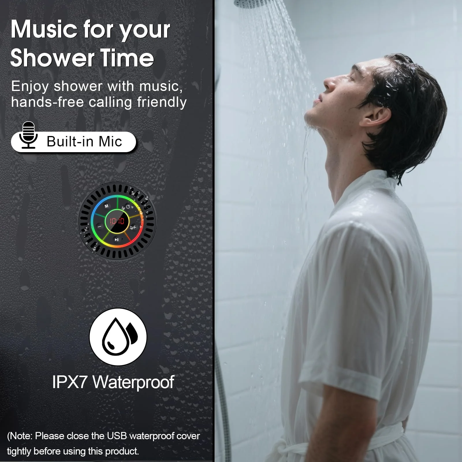 Bluetooth Speaker, Shower Speaker IPX7 Waterproof, Speakers Bluetooth Wireless with Rich Bass, Portable Speaker with LED Light, Suction Cup,8H Playtime - Image 3