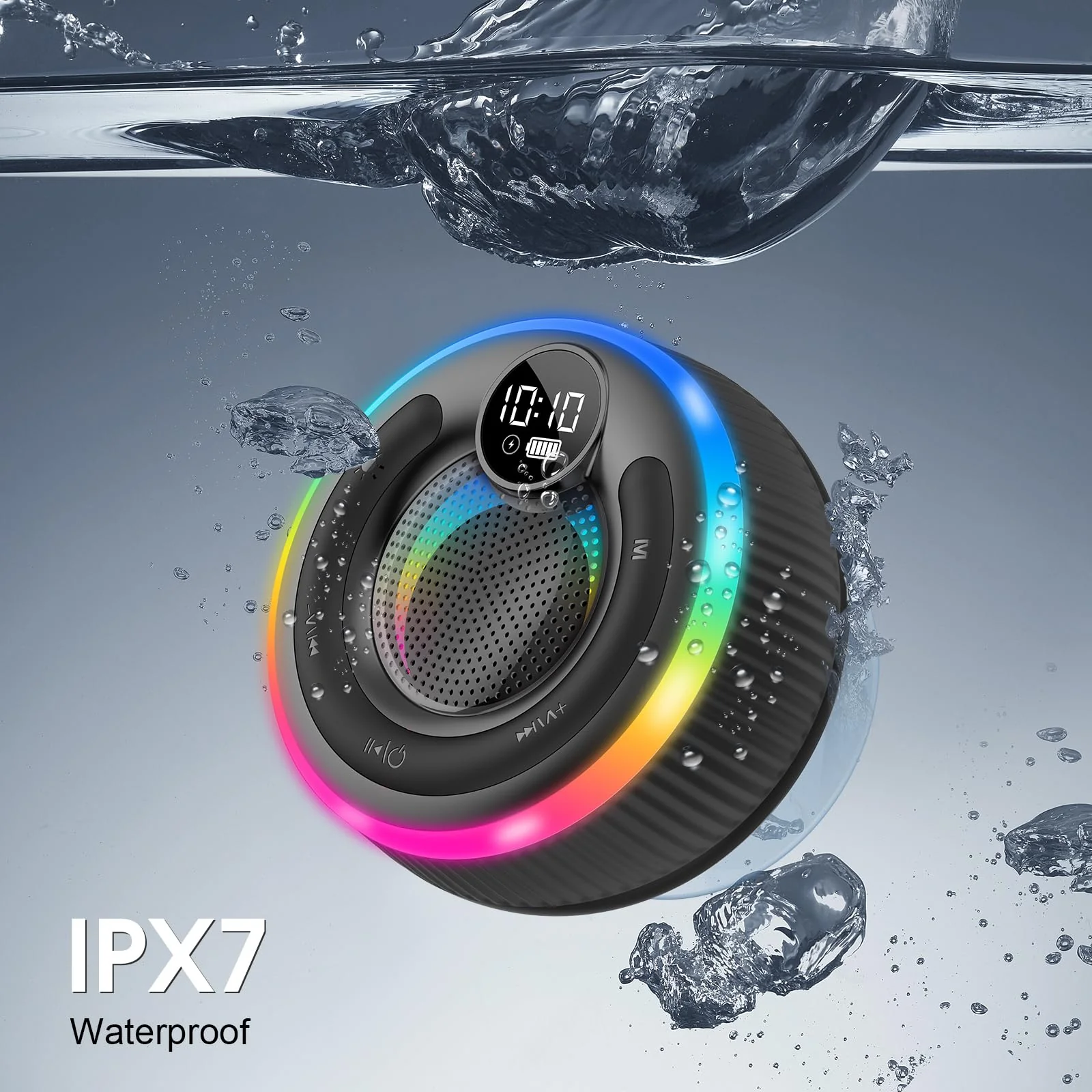 Bluetooth Speaker, Shower Speaker Stereo Sound, IPX7 Waterproof Speakers, Digital Display Portable Speaker with Suction Cup, LED Light, Small Wireless Speakers for Outdoor Party Beach Bathroom, Black - Image 4