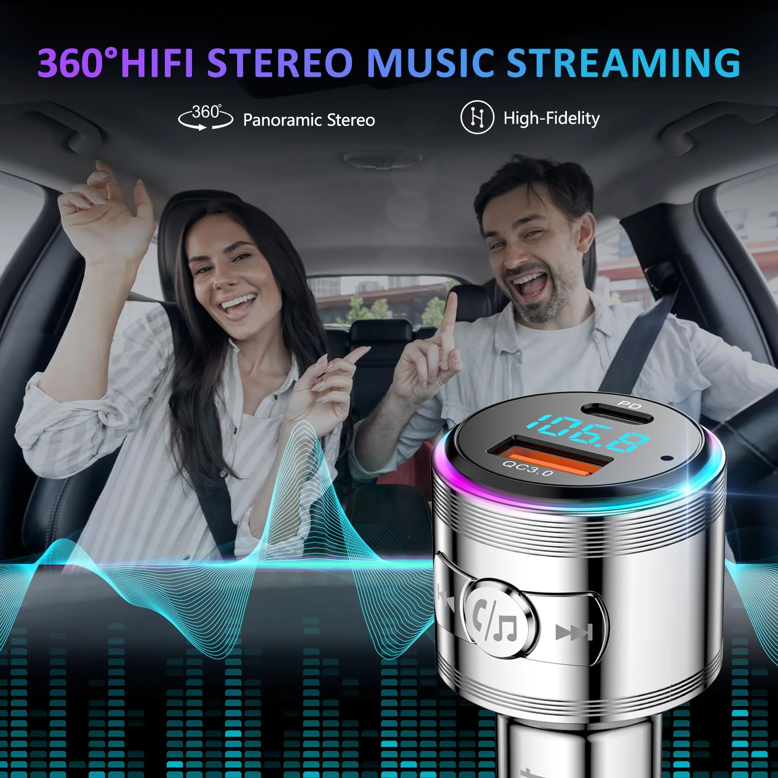 Bluetooth Transmitter for Car, LENCENT Full Metal Bluetooth 5.3 Car Adapter Dual USB Fast Charging 48W(PD 30W & QC3.0 18W), Wireless FM Radio Transmitter with Hi-Fi Music, Hands-Free Calling - Image 3