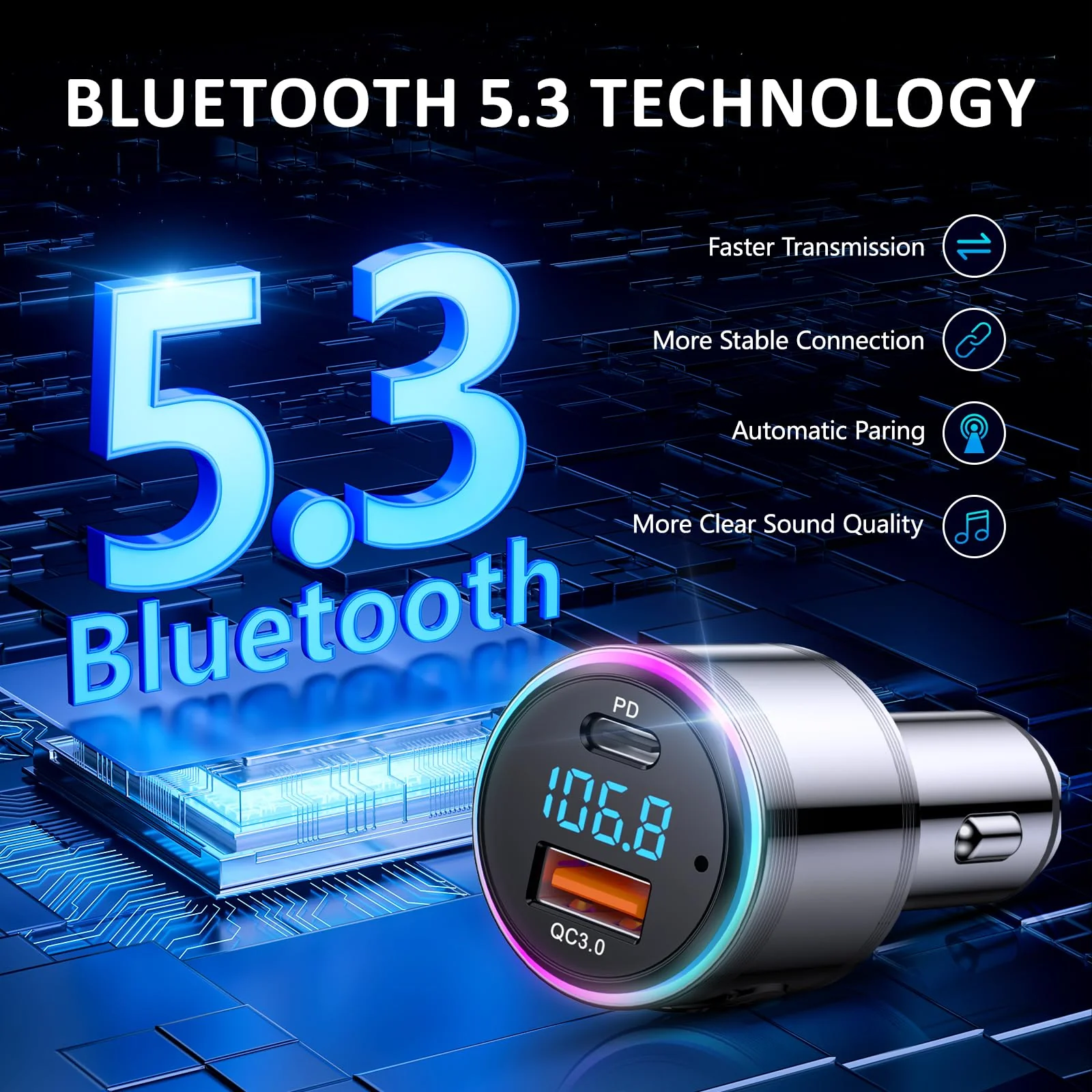 Bluetooth Transmitter for Car, LENCENT Full Metal Bluetooth 5.3 Car Adapter Dual USB Fast Charging 48W(PD 30W & QC3.0 18W), Wireless FM Radio Transmitter with Hi-Fi Music, Hands-Free Calling - Image 5