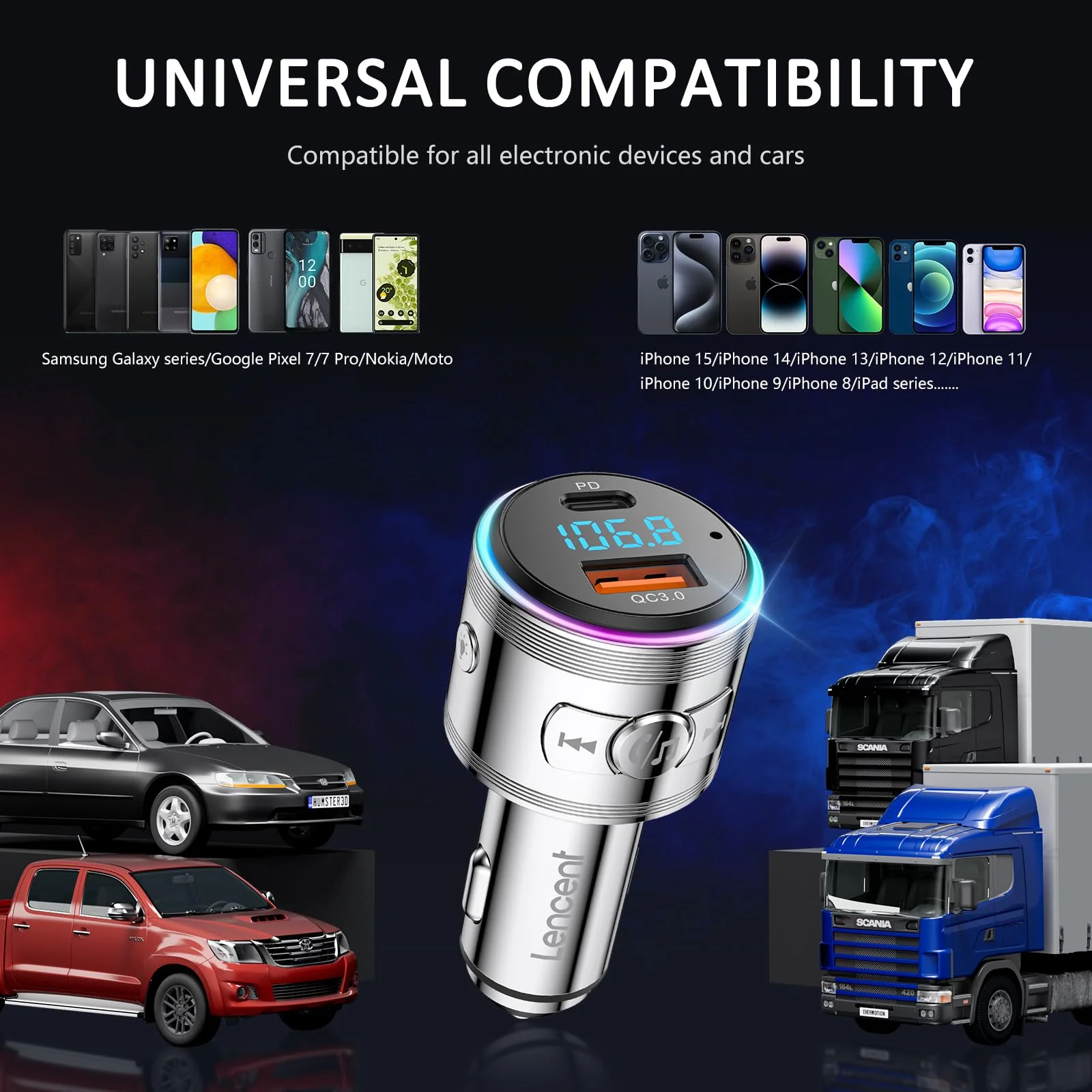 Bluetooth Transmitter for Car, LENCENT Full Metal Bluetooth 5.3 Car Adapter Dual USB Fast Charging 48W(PD 30W & QC3.0 18W), Wireless FM Radio Transmitter with Hi-Fi Music, Hands-Free Calling - Image 6