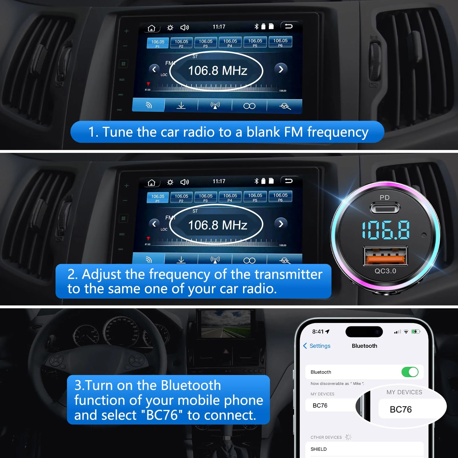 Bluetooth Transmitter for Car, LENCENT Full Metal Bluetooth 5.3 Car Adapter Dual USB Fast Charging 48W(PD 30W & QC3.0 18W), Wireless FM Radio Transmitter with Hi-Fi Music, Hands-Free Calling - Image 8