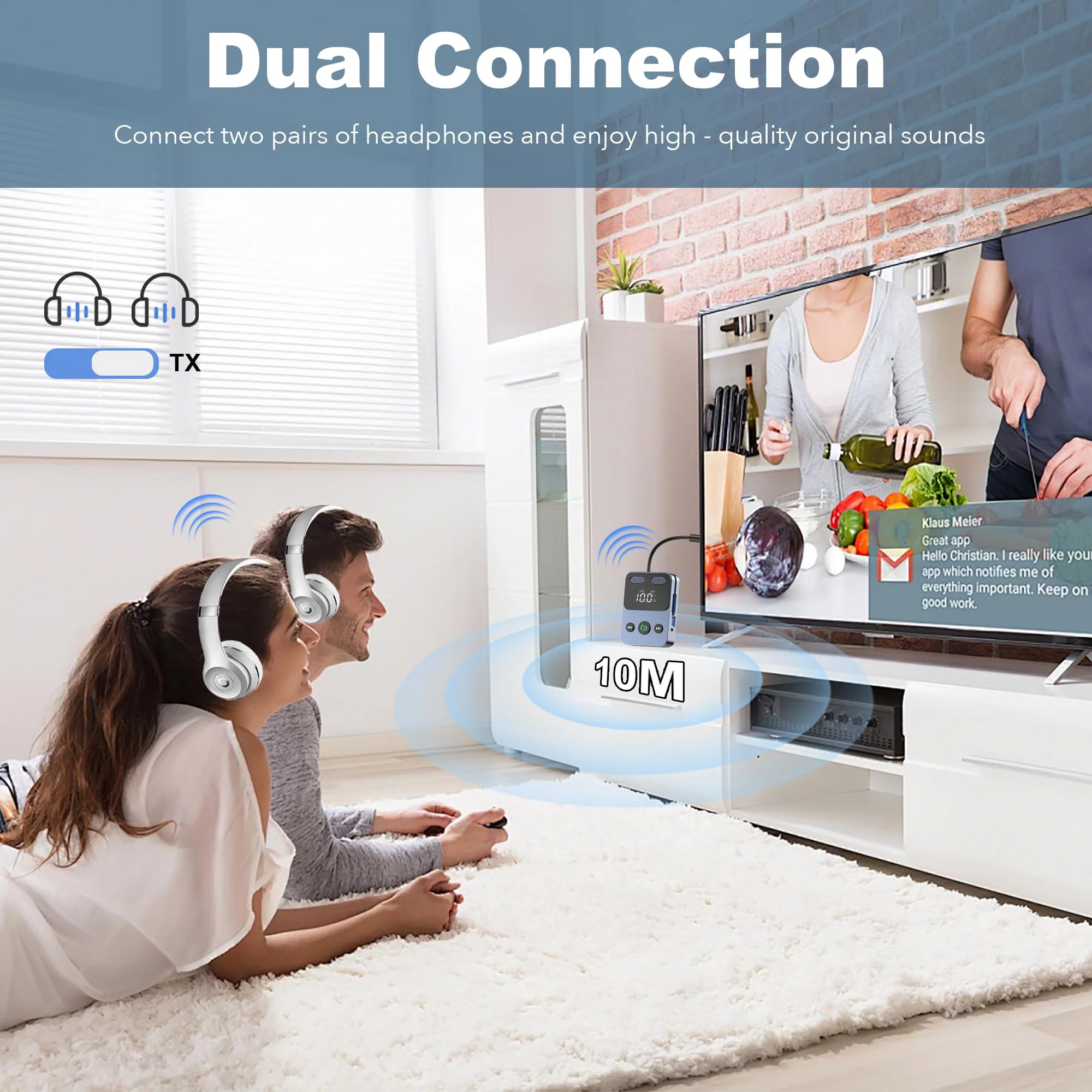 Bluetooth Transmitter Receiver, 2-in-1 Bluetooth 5.3 Adapter for TV, Airplane, Gym Equipment, Cars, PC, Supports to 2 Wireless Headphones, Cell Phones, Wireless Receiver for Car, Home Stereo - Image 4