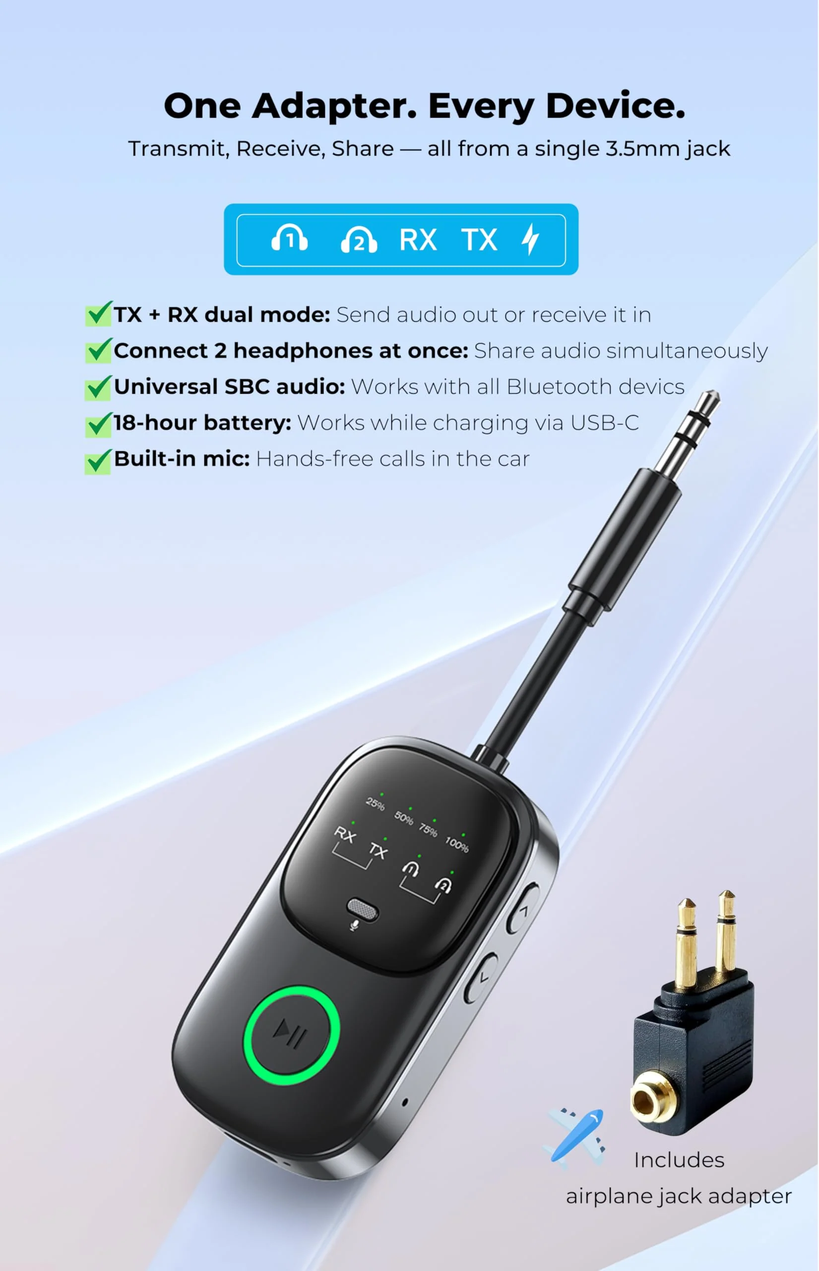 Bluetooth Transmitter Receiver 2-in-1: Car Handsfree Mic, TV & Airplane Audio | Connect 2 Headphones | 18-Hr Battery - Image 2