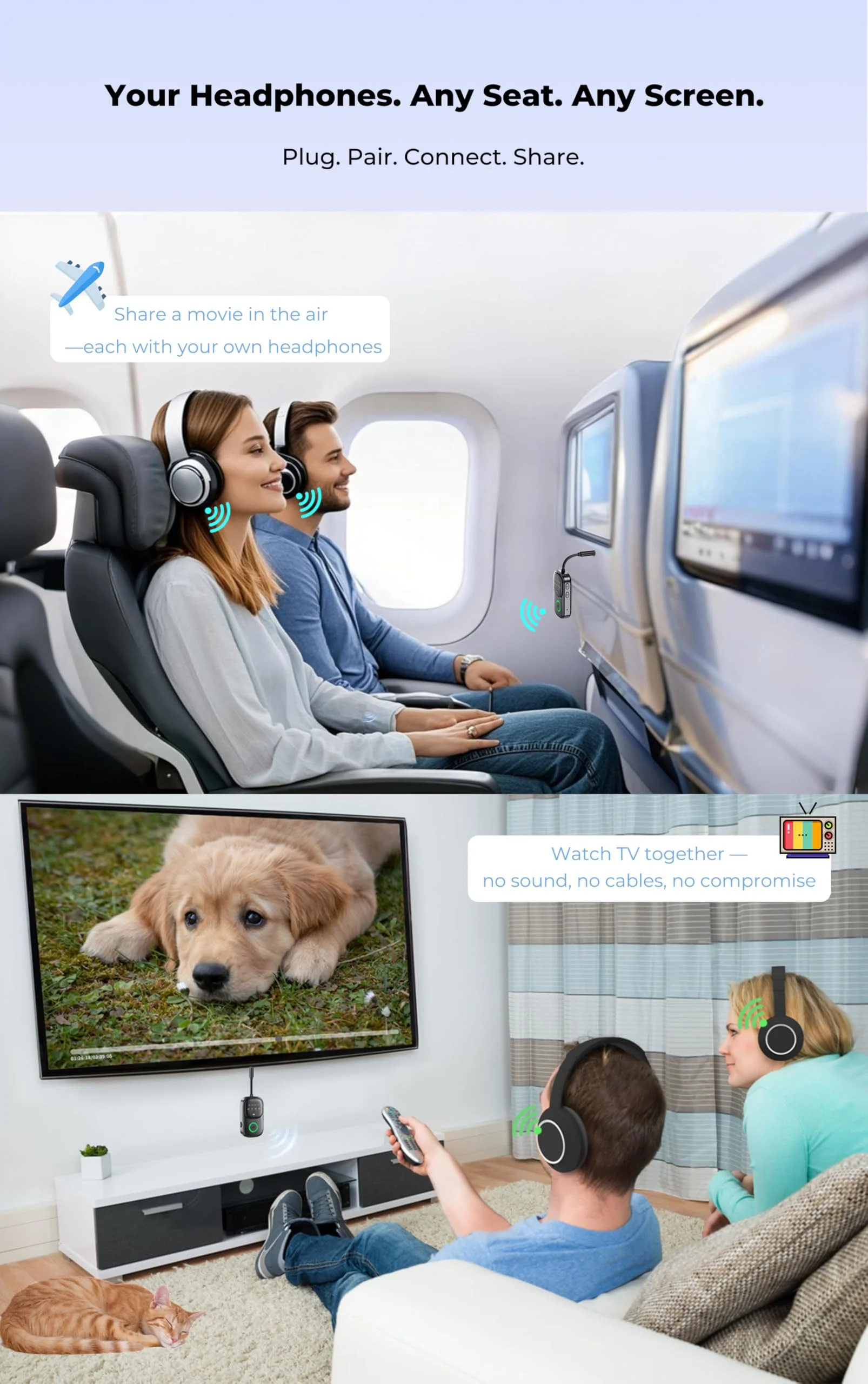 Bluetooth Transmitter Receiver 2-in-1: Car Handsfree Mic, TV & Airplane Audio | Connect 2 Headphones | 18-Hr Battery - Image 3