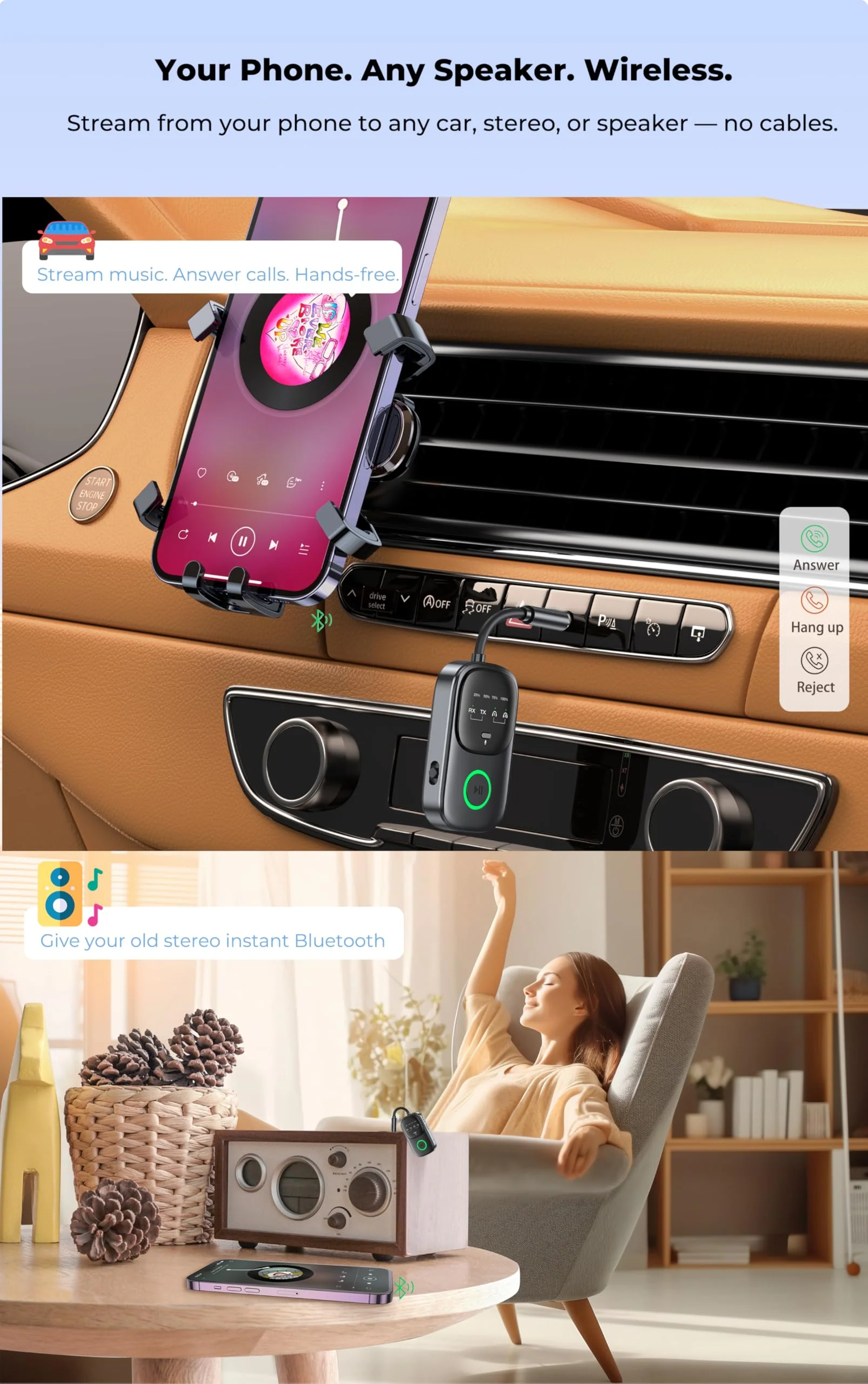 Bluetooth Transmitter Receiver 2-in-1: Car Handsfree Mic, TV & Airplane Audio | Connect 2 Headphones | 18-Hr Battery - Image 4